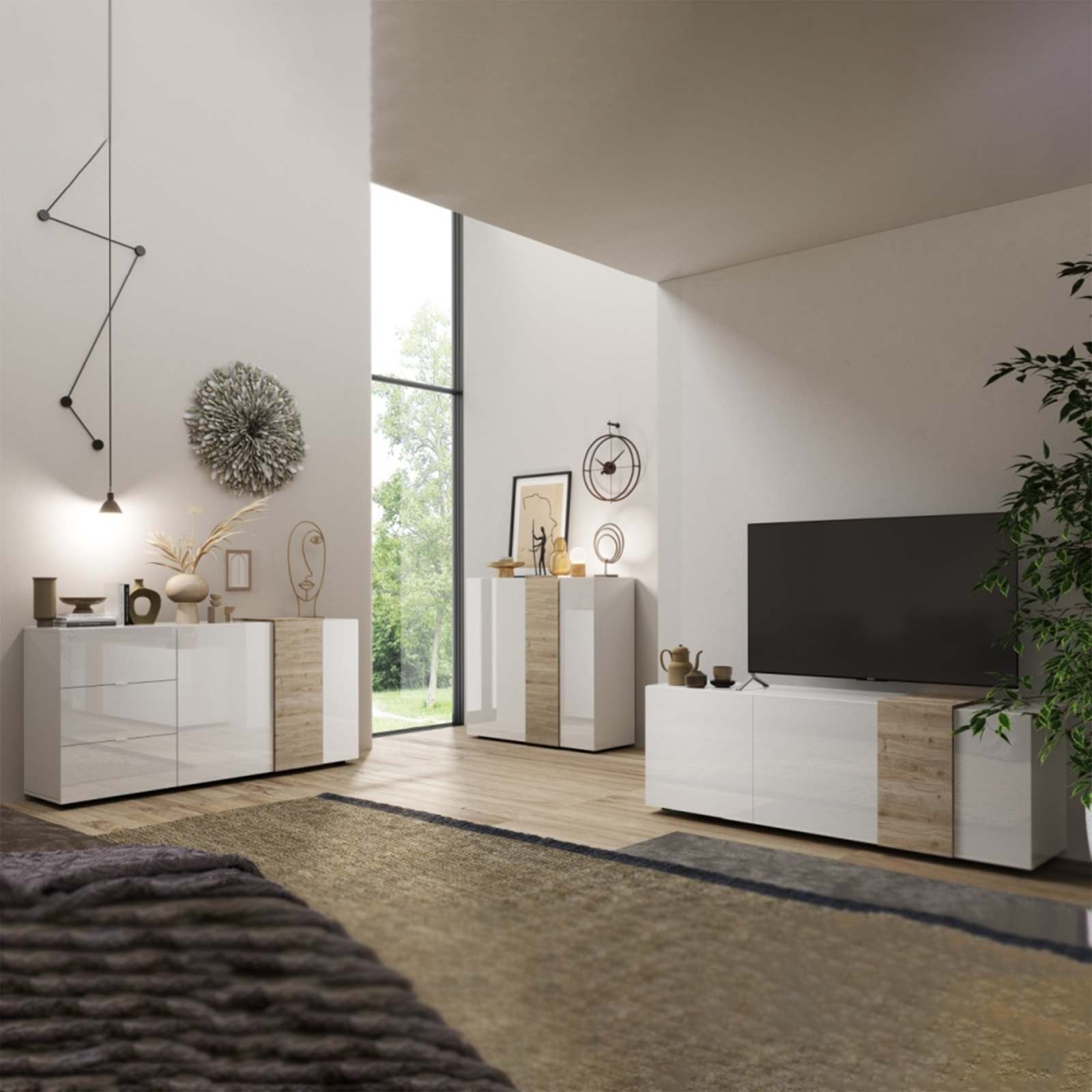 Mobile porta tv in legno di rovere "Venus" da soggiorno a 3 ante cm 181x44 59h