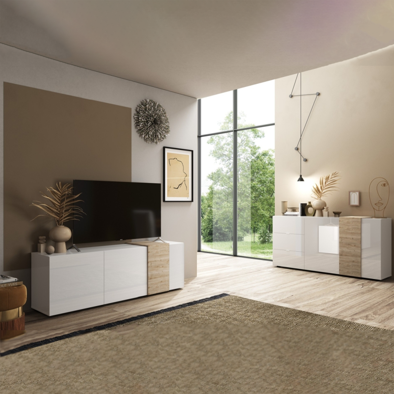 Mobile porta tv in legno di rovere "Venus" da soggiorno a 3 ante cm 181x44 59h