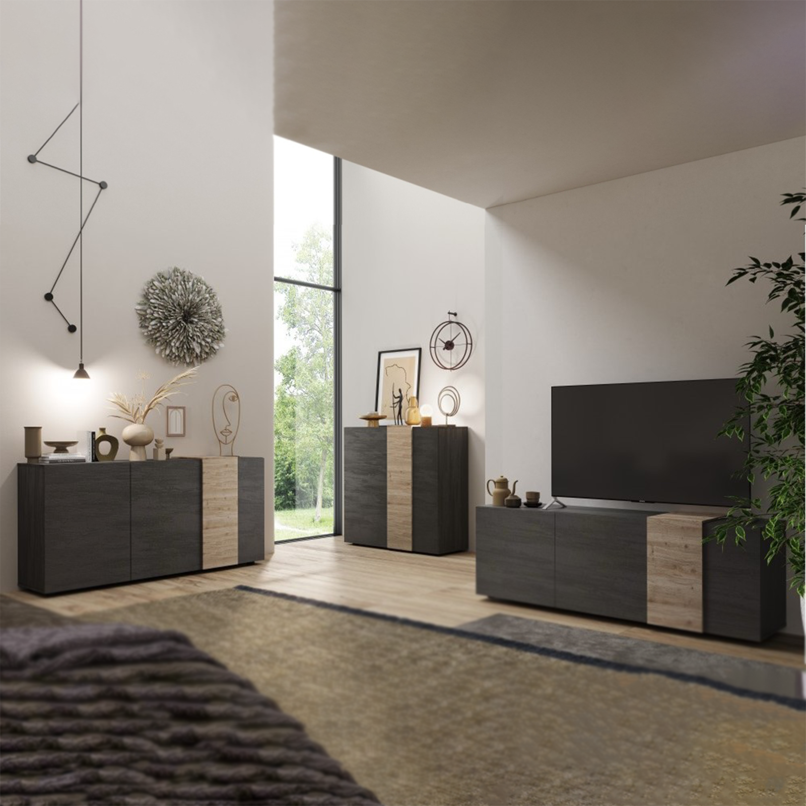 Mobile porta tv in legno di rovere "Venus" da soggiorno a 3 ante cm 181x44 59h