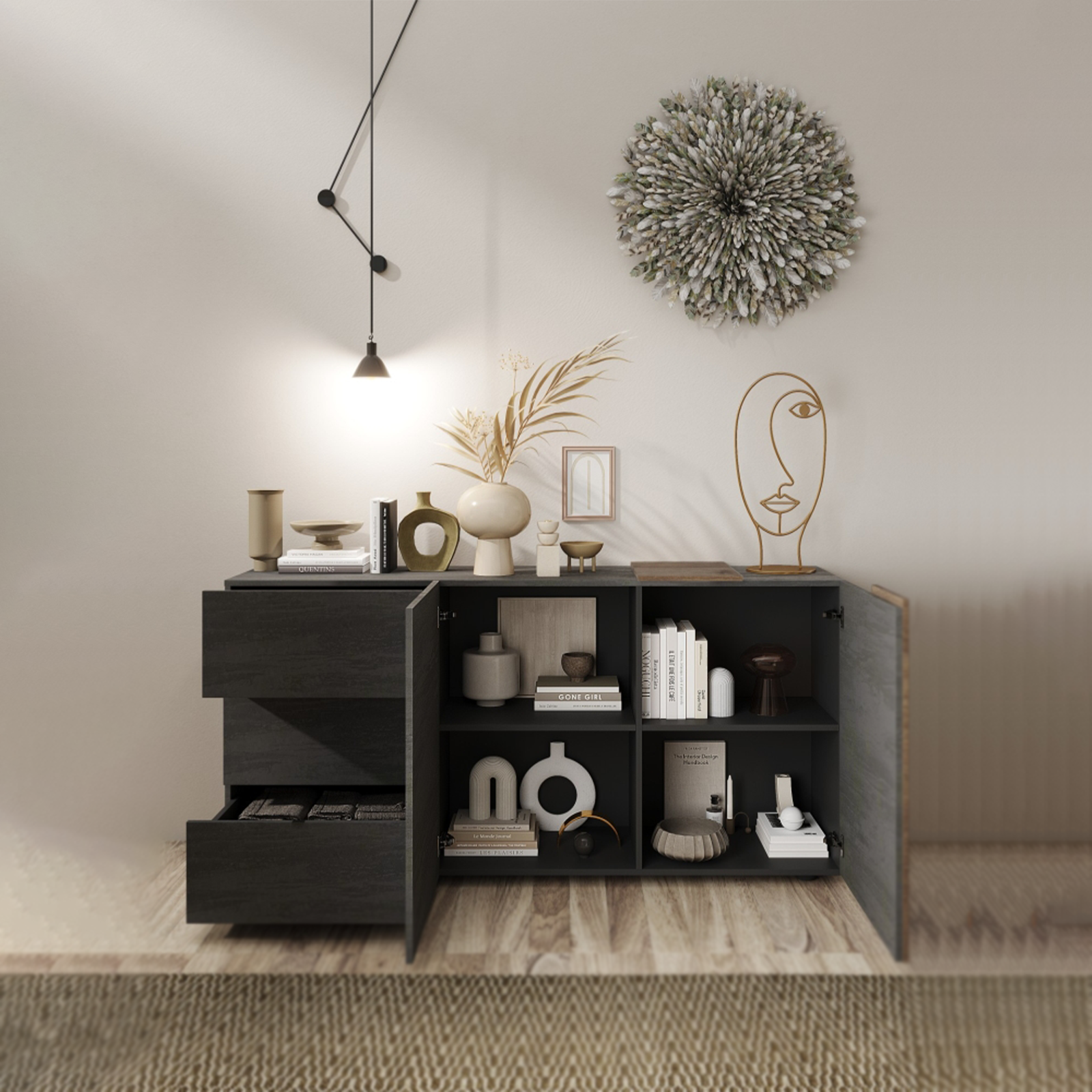 Aparador de entrada Venus de madera mueble salón con 2 puertas y 3 cajones 181x44 cm 86h