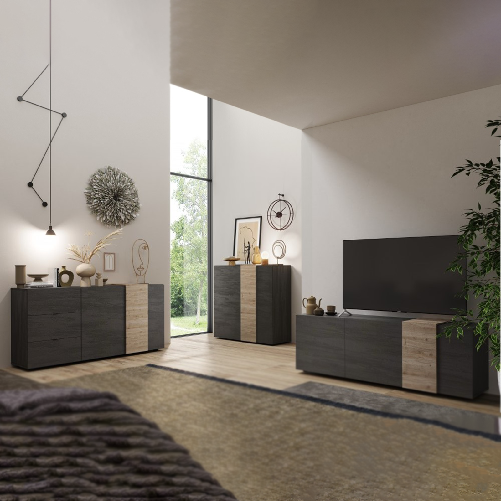 Aparador de entrada Venus de madera mueble salón con 2 puertas y 3 cajones 181x44 cm 86h