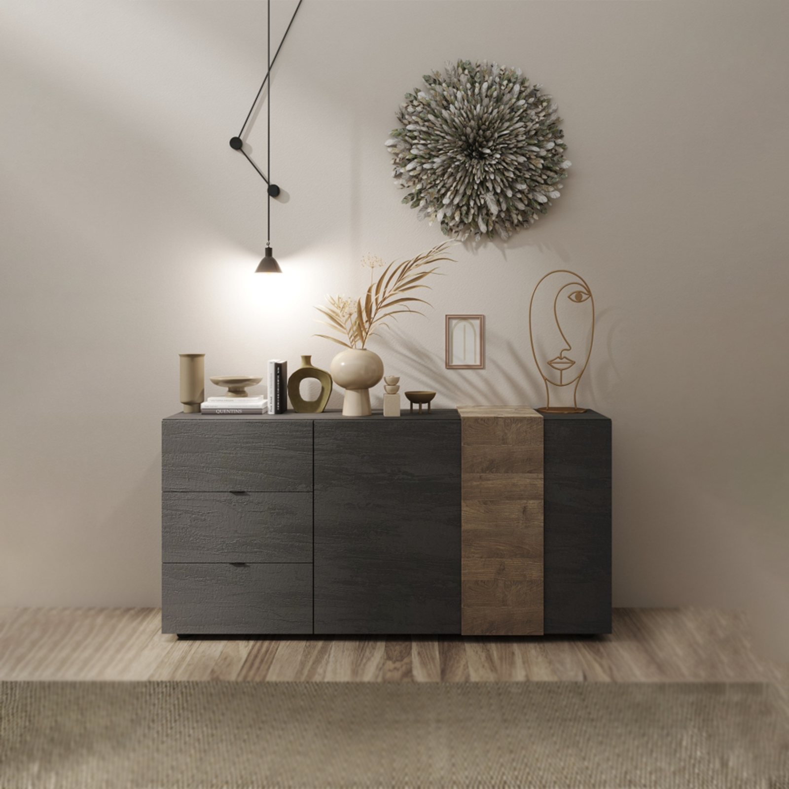 Aparador de entrada Venus de madera mueble salón con 2 puertas y 3 cajones 181x44 cm 86h