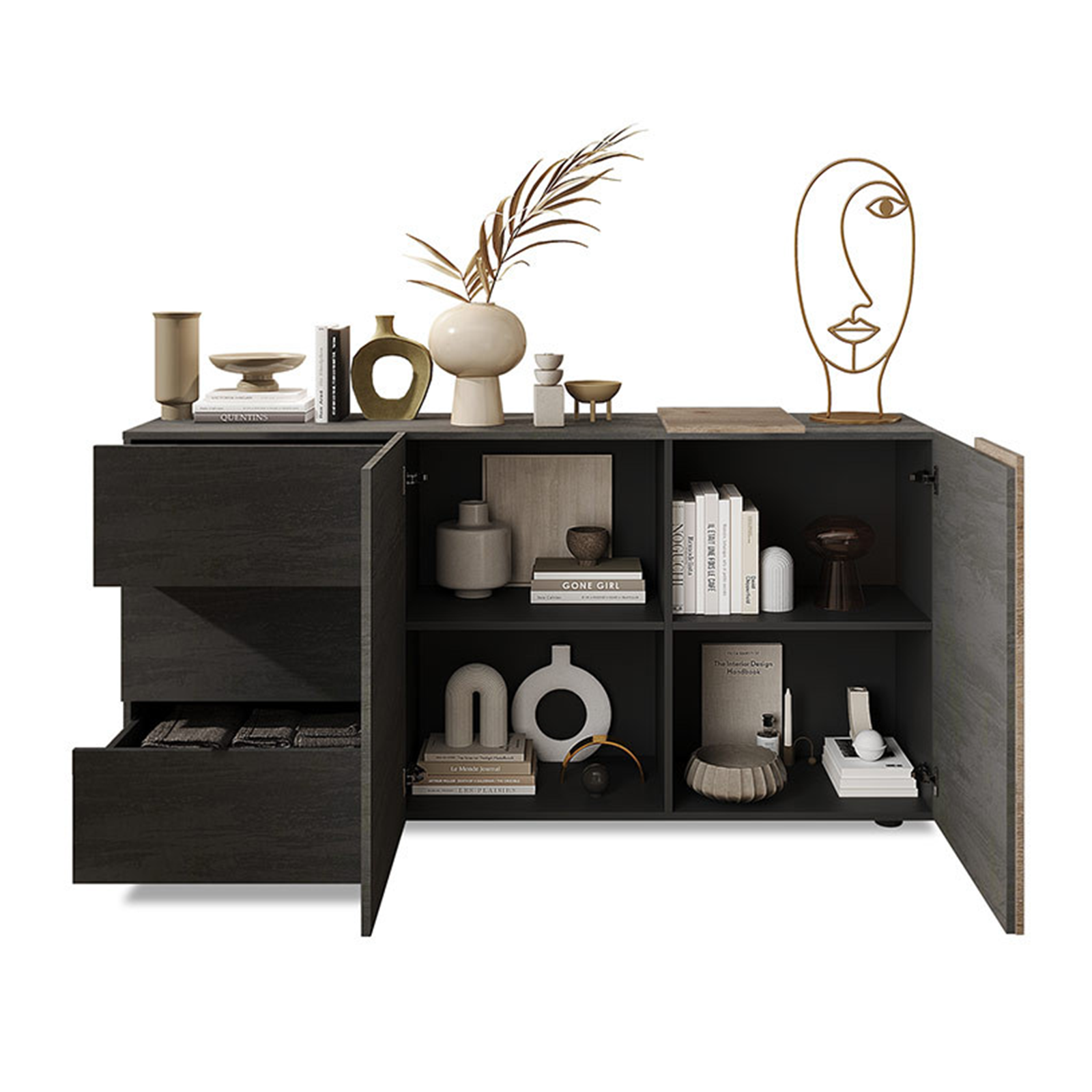 Aparador de entrada Venus de madera mueble salón con 2 puertas y 3 cajones 181x44 cm 86h