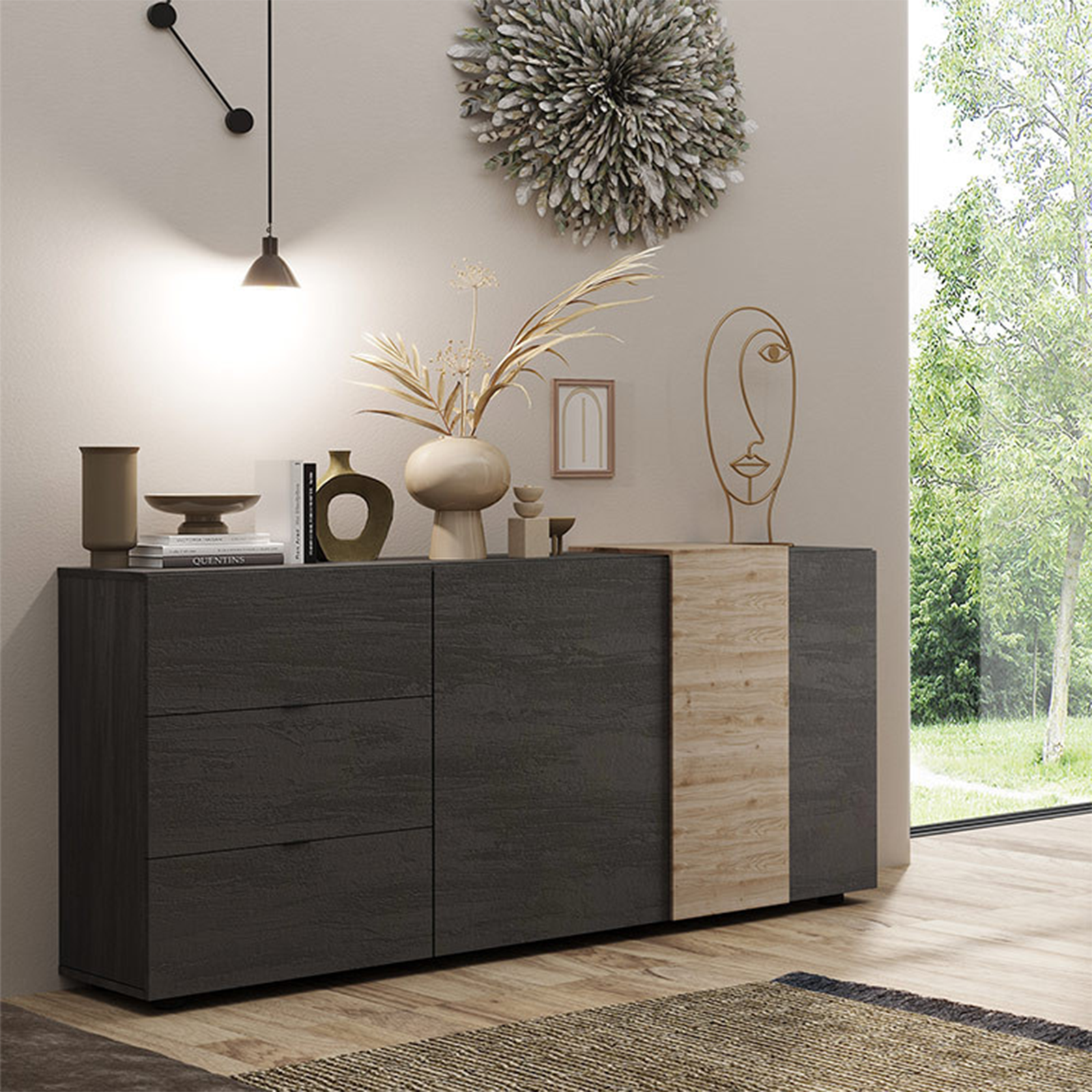Aparador de entrada Venus de madera mueble salón con 2 puertas y 3 cajones 181x44 cm 86h