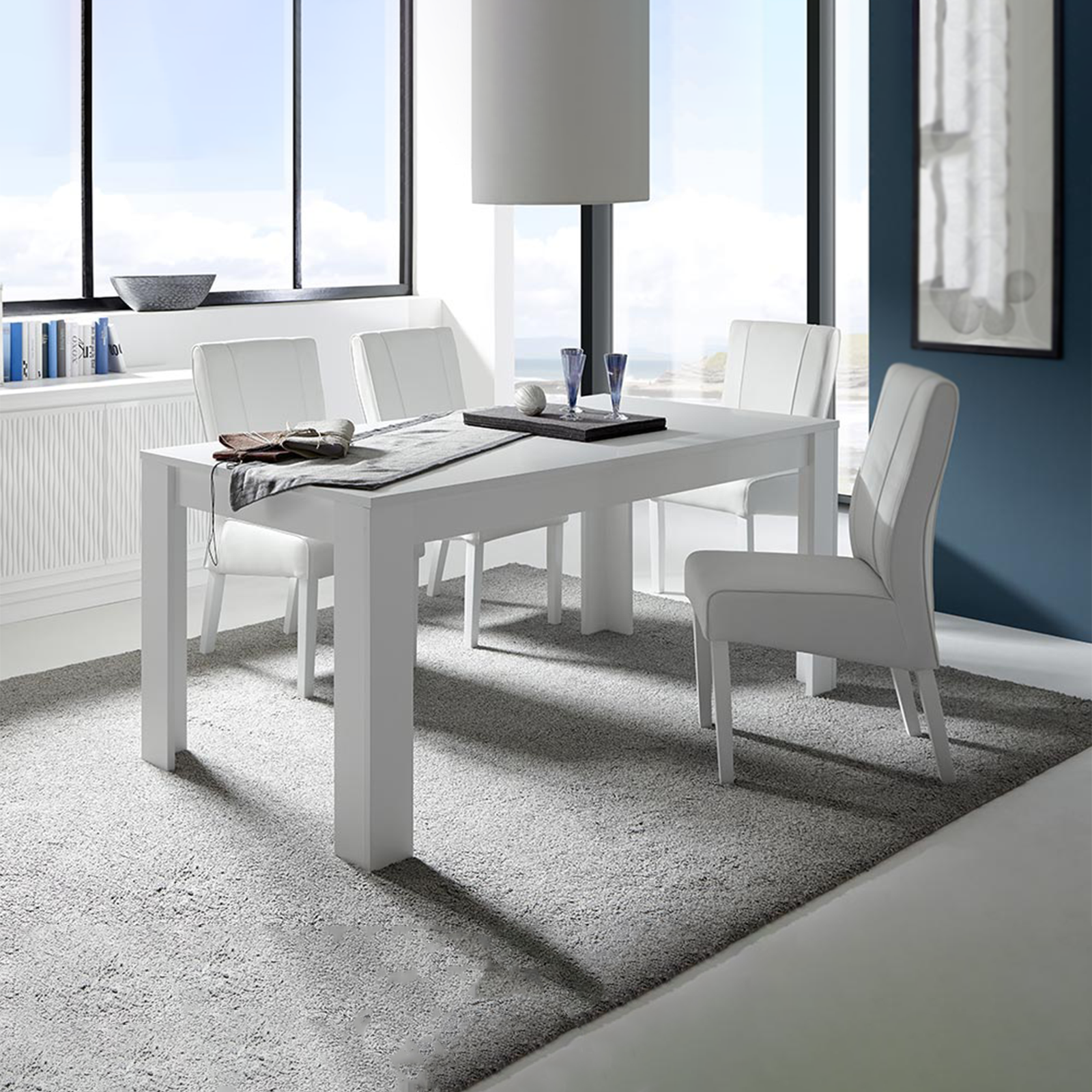 Tavolo da pranzo allungabile "Sky" in legno rettangolare bianco opaco cm 137/185x90 79h