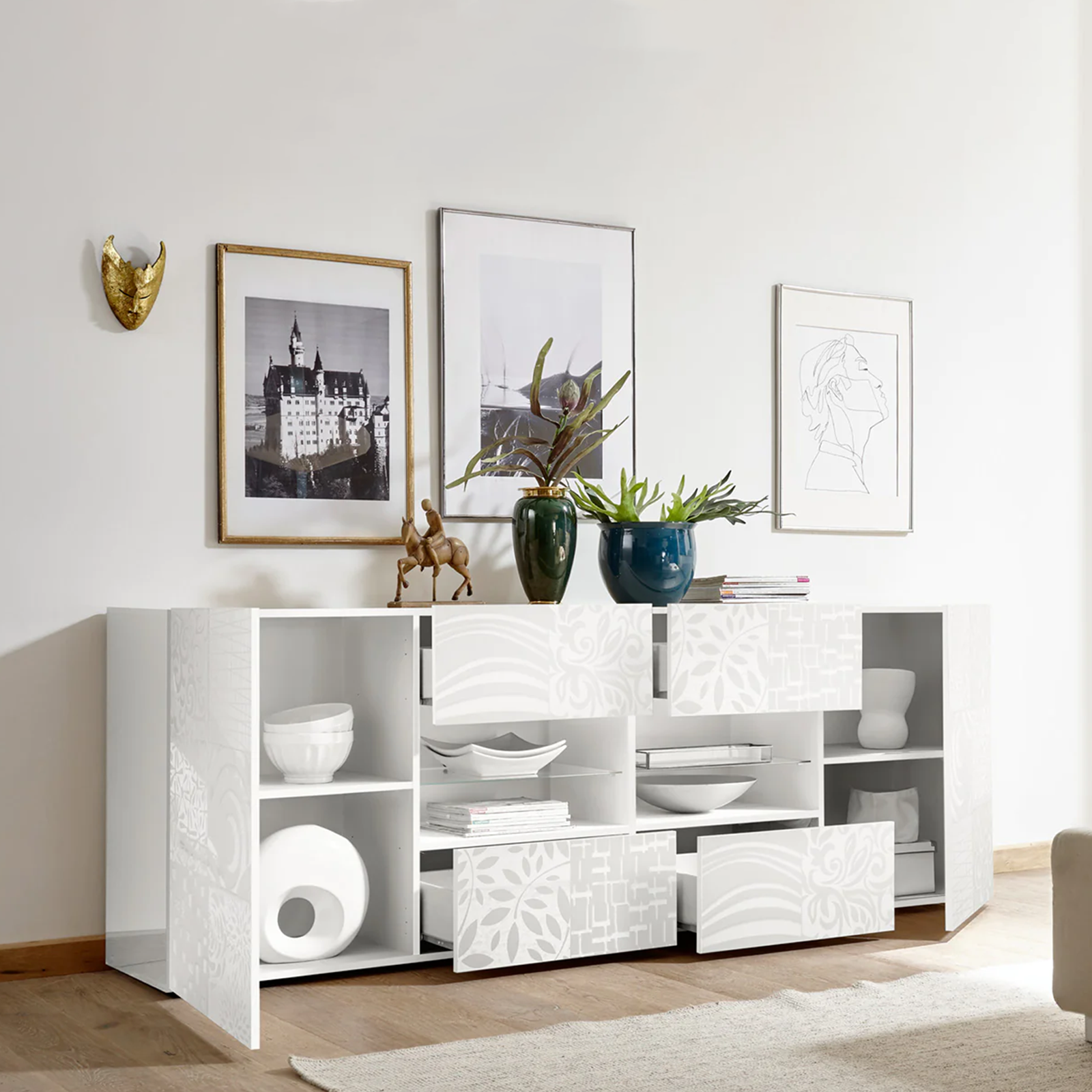 Madia a buffet in legno bianco laccato "Miro" a 2 ante con 4 cassetti cm 241x42 84h