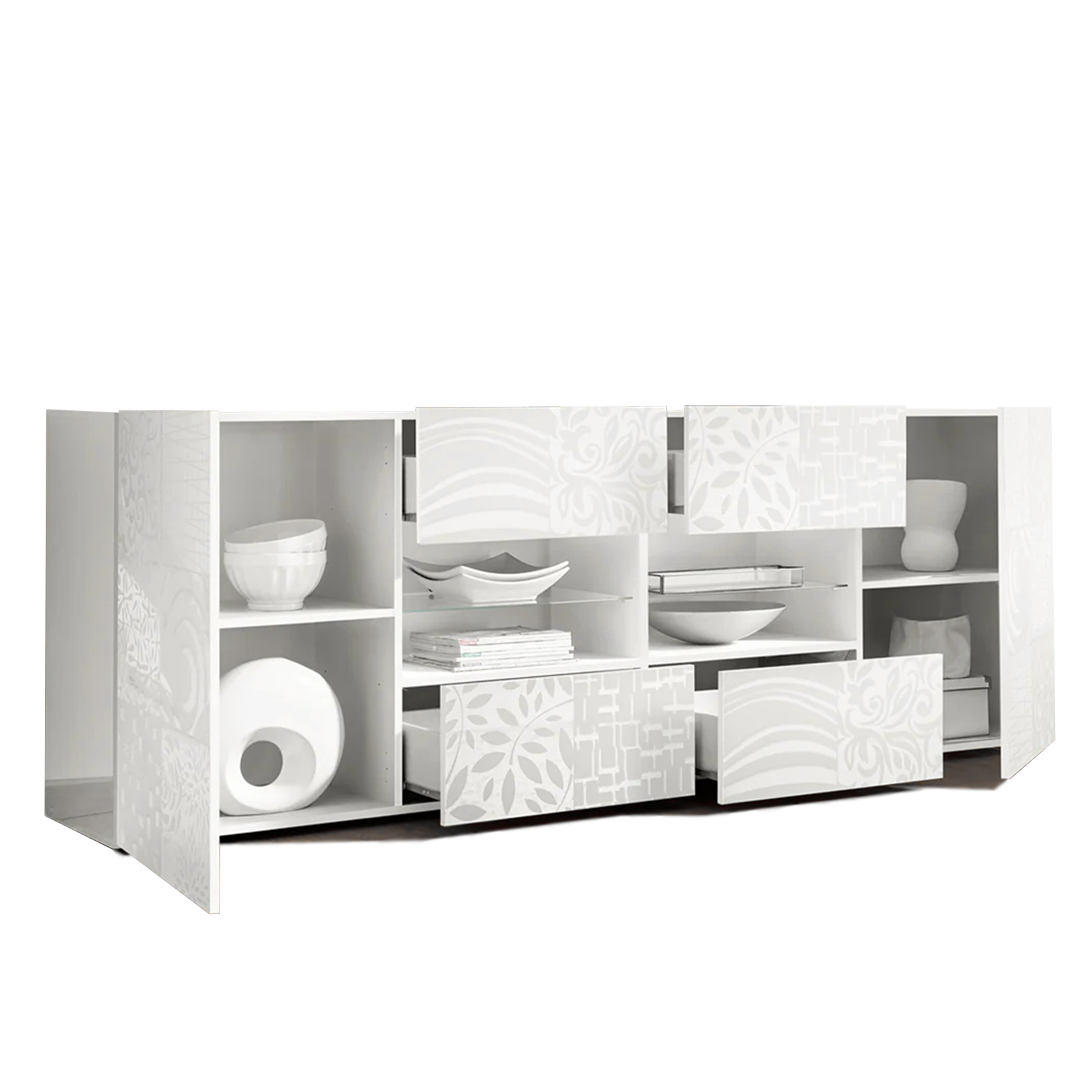 Madia a buffet in legno bianco laccato "Miro" a 2 ante con 4 cassetti cm 241x42 84h