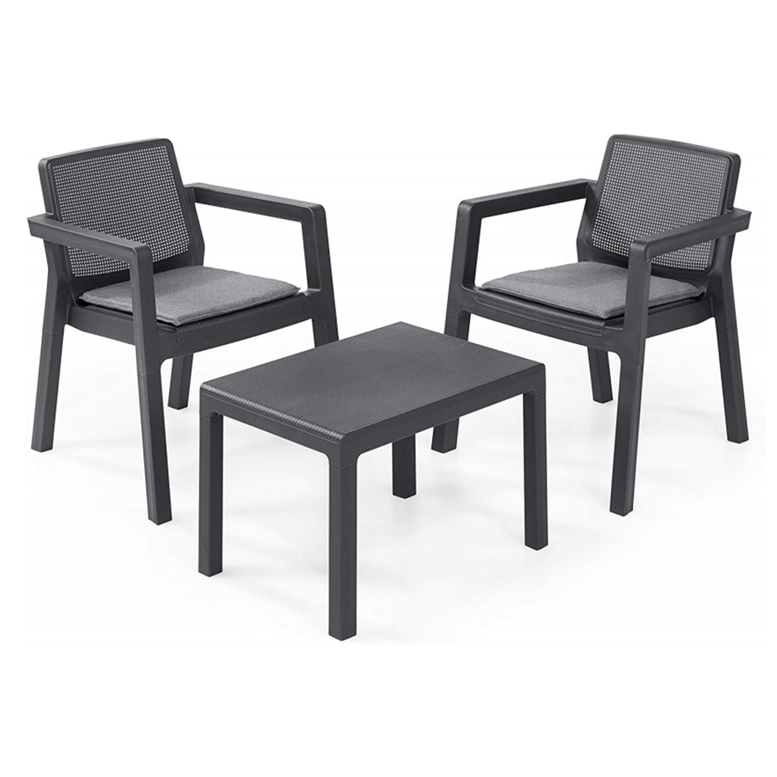 Salón de jardín en resina "Emily" sofá grafito + 2 sillones + mesa de centro con cojines