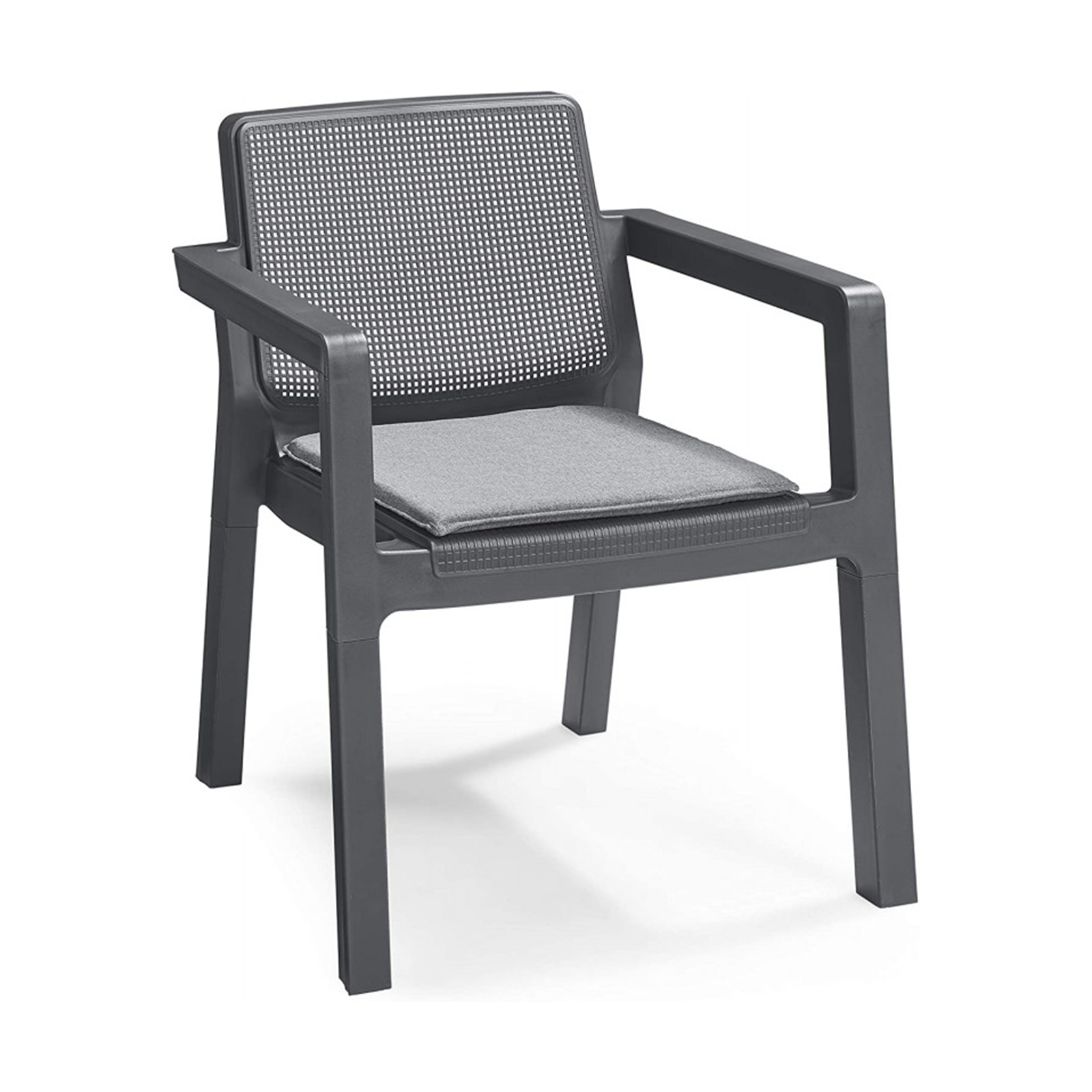 Salón de jardín en resina "Emily" sofá grafito + 2 sillones + mesa de centro con cojines