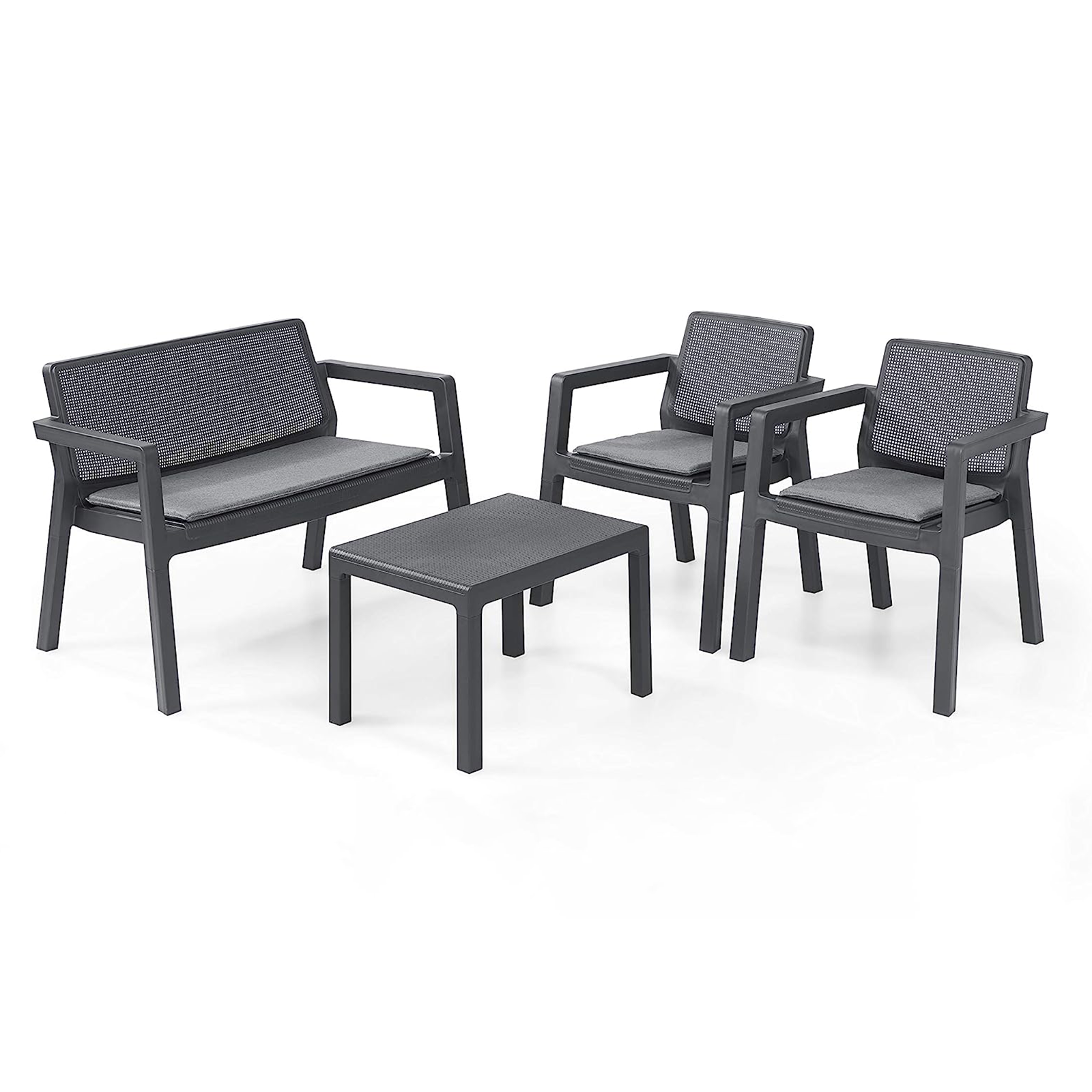 Salon de jardin en résine Canapé "Emily" graphite + 2 fauteuils + table basse avec coussins