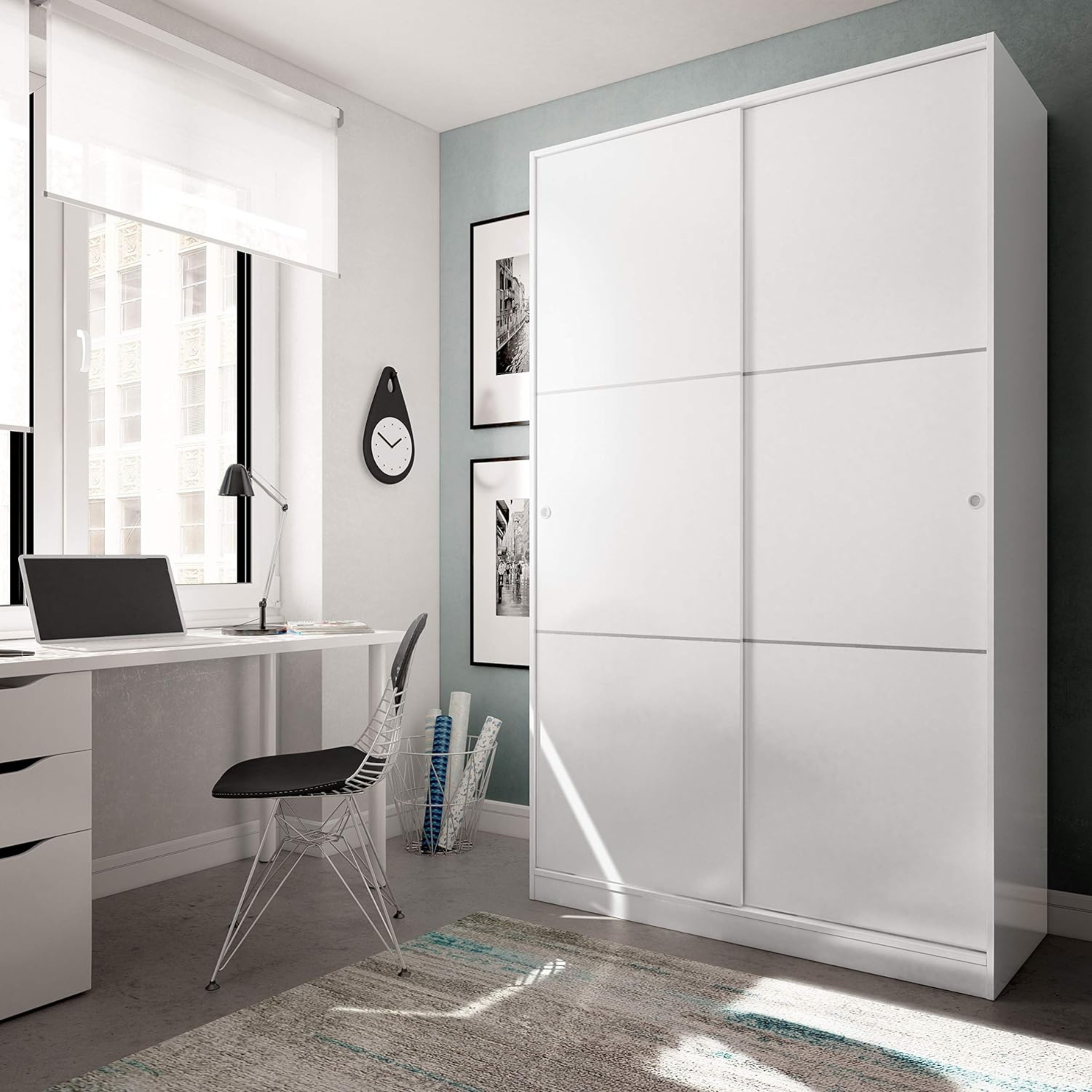 Armoire en bois blanc avec 2 portes coulissantes et 3 étagères 120x50 cm 200h