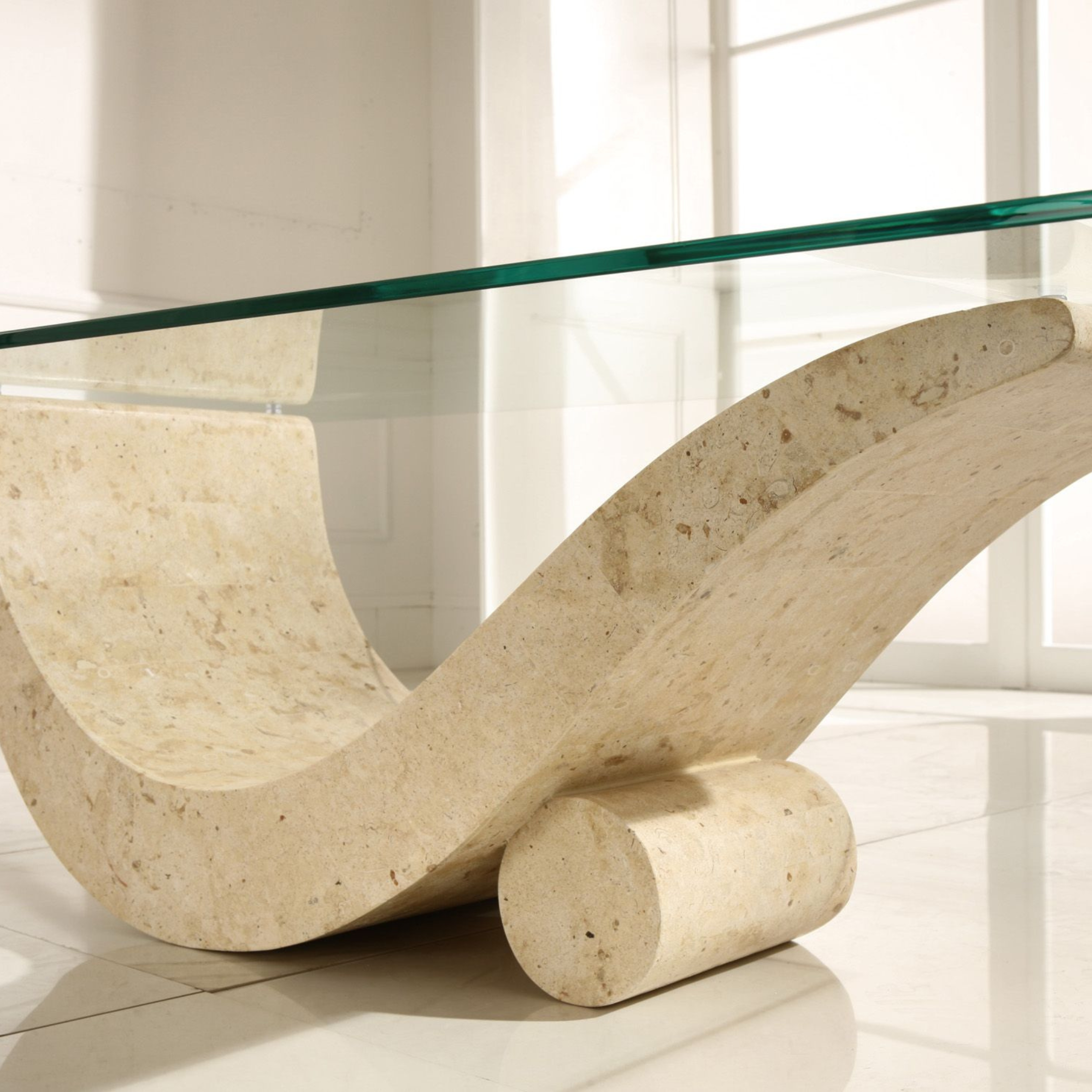 Mesita baja en piedra fósil "Paloma" tapa de cristal templado 120x70 cm 40h