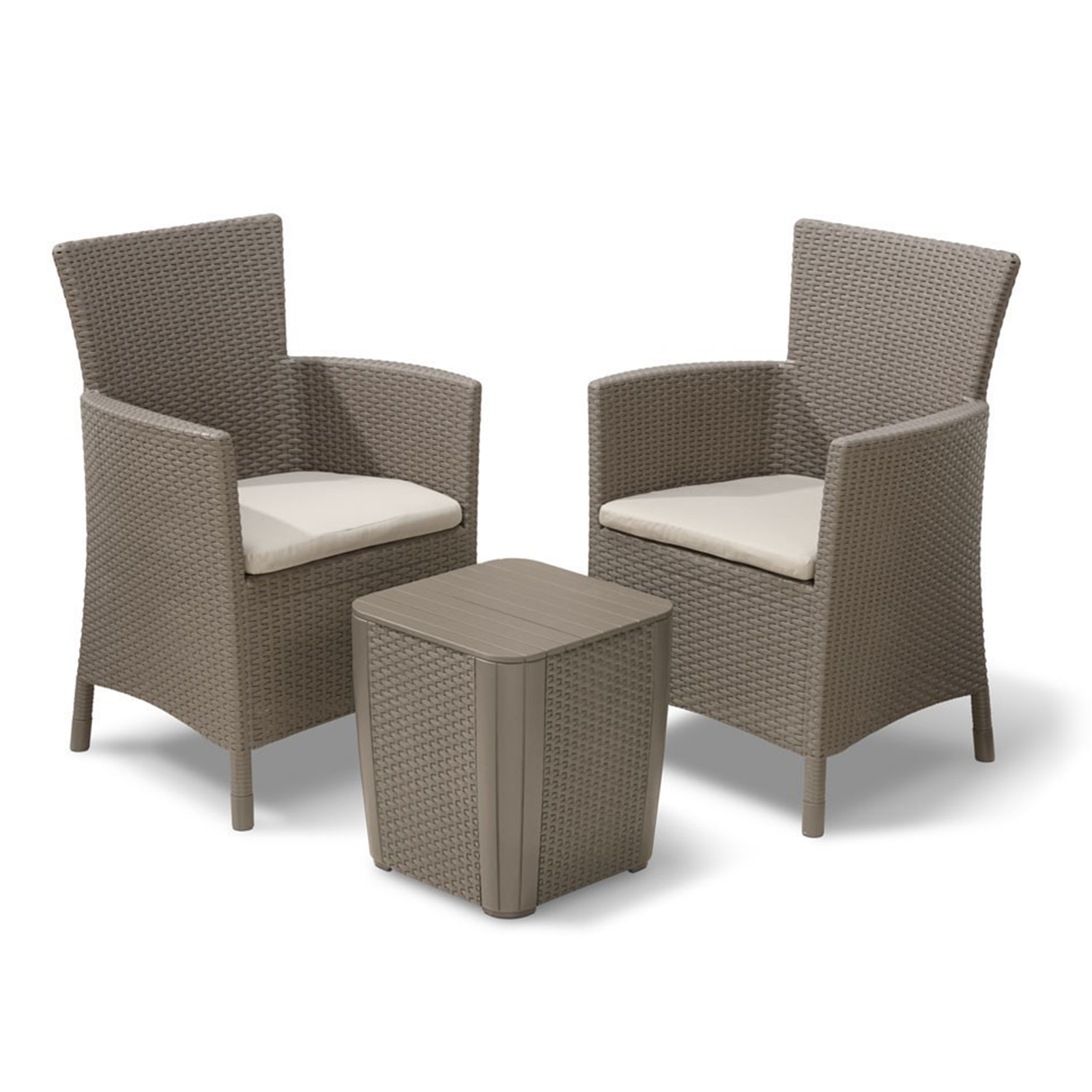 Salon de jardin "Iowa Balcony" en rotin résine, table basse + 2 fauteuils avec coussins