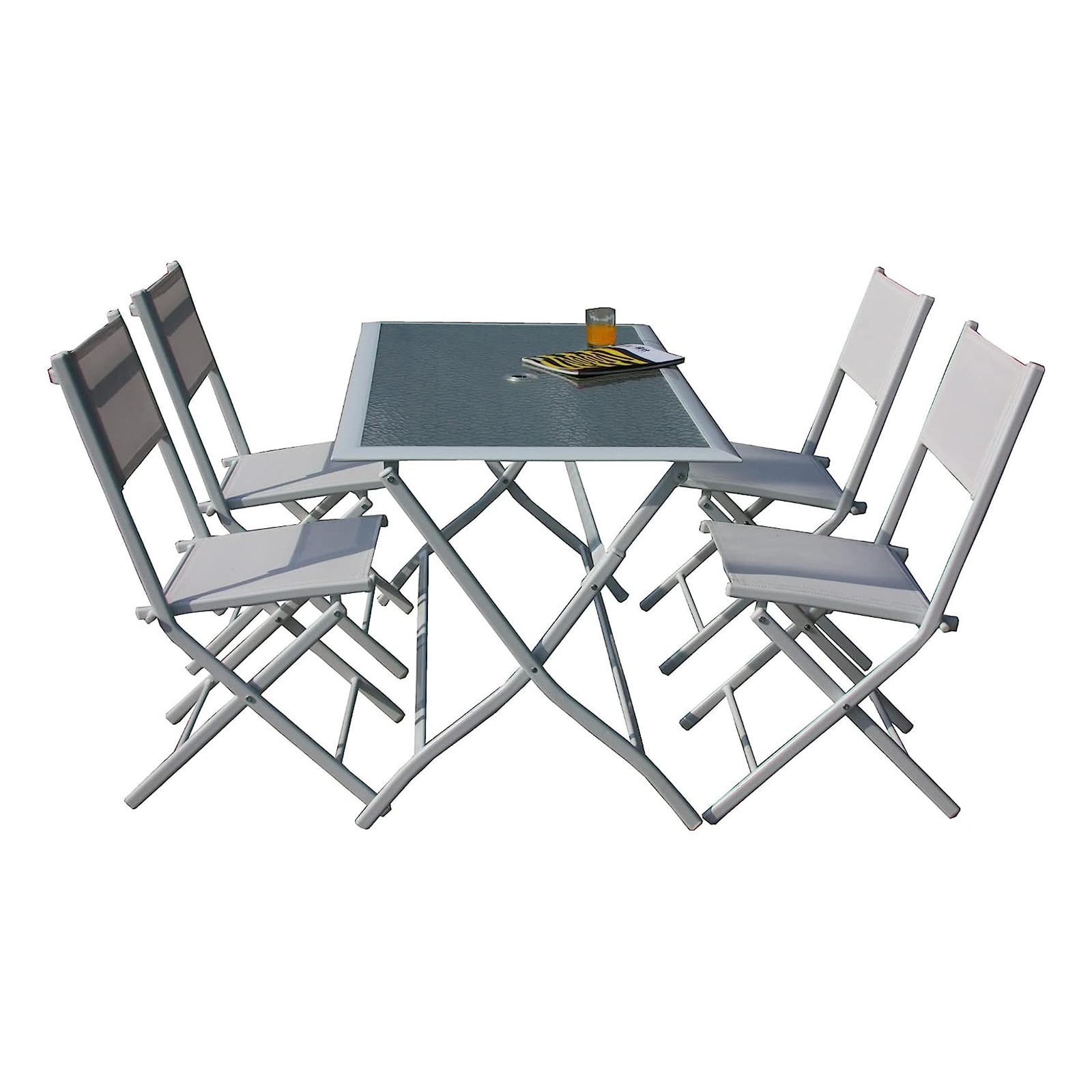 Ensemble de salle à manger 4 chaises pliantes + table "Astro" en acier blanc pour jardin