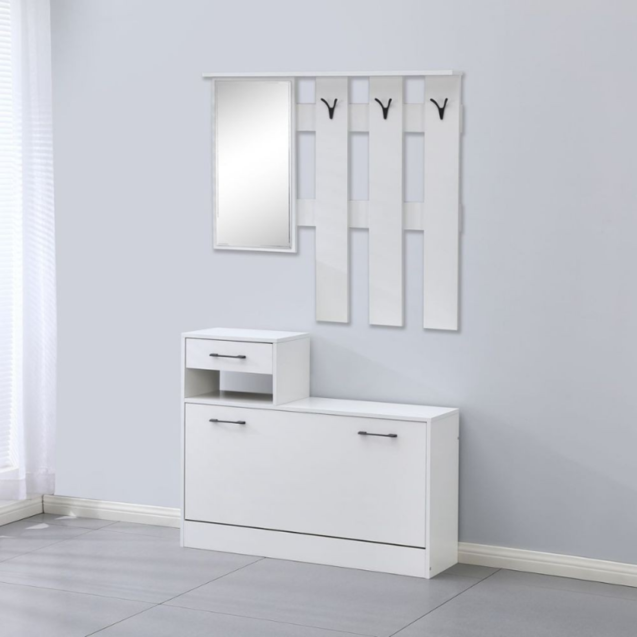 Scarpiera da ingresso in legno "Rudolf" con specchio e appendiabiti cm 100x26 180h