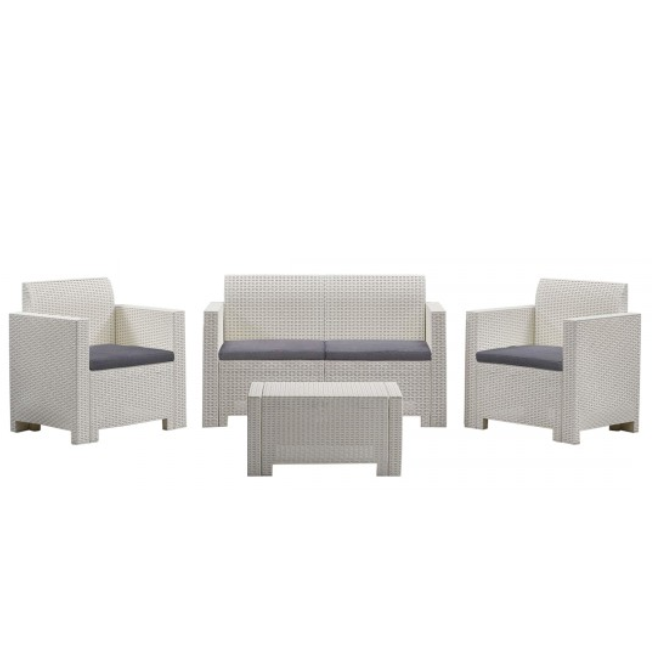 Salotto da giardino "Nebraska II" in resina rattan tavolino + divano + 2 poltrone con cuscini