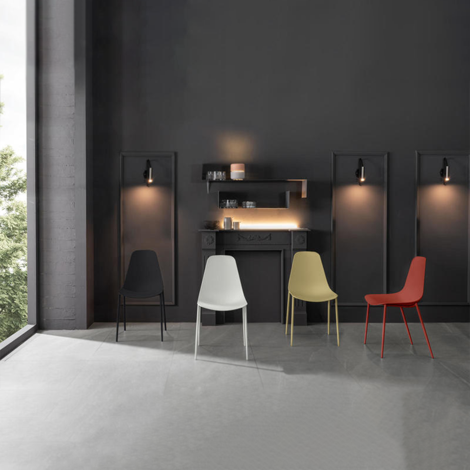 Set di sedie moderne in polipropilene "Kate" da soggiorno con struttura in metallo verniciato