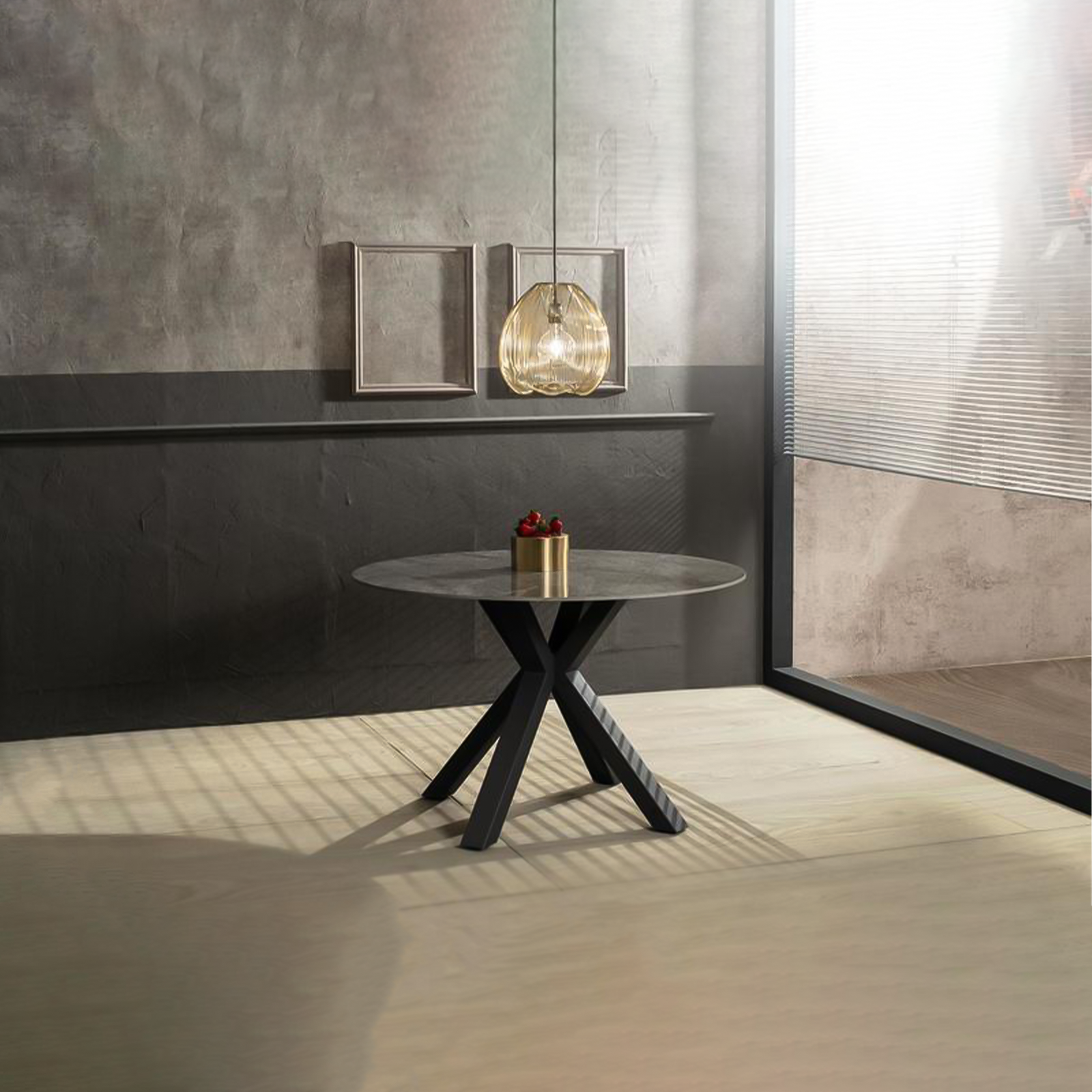 Tavolo tondo "Loki" piano in ceramica effetto marmo cm 120x120 76h