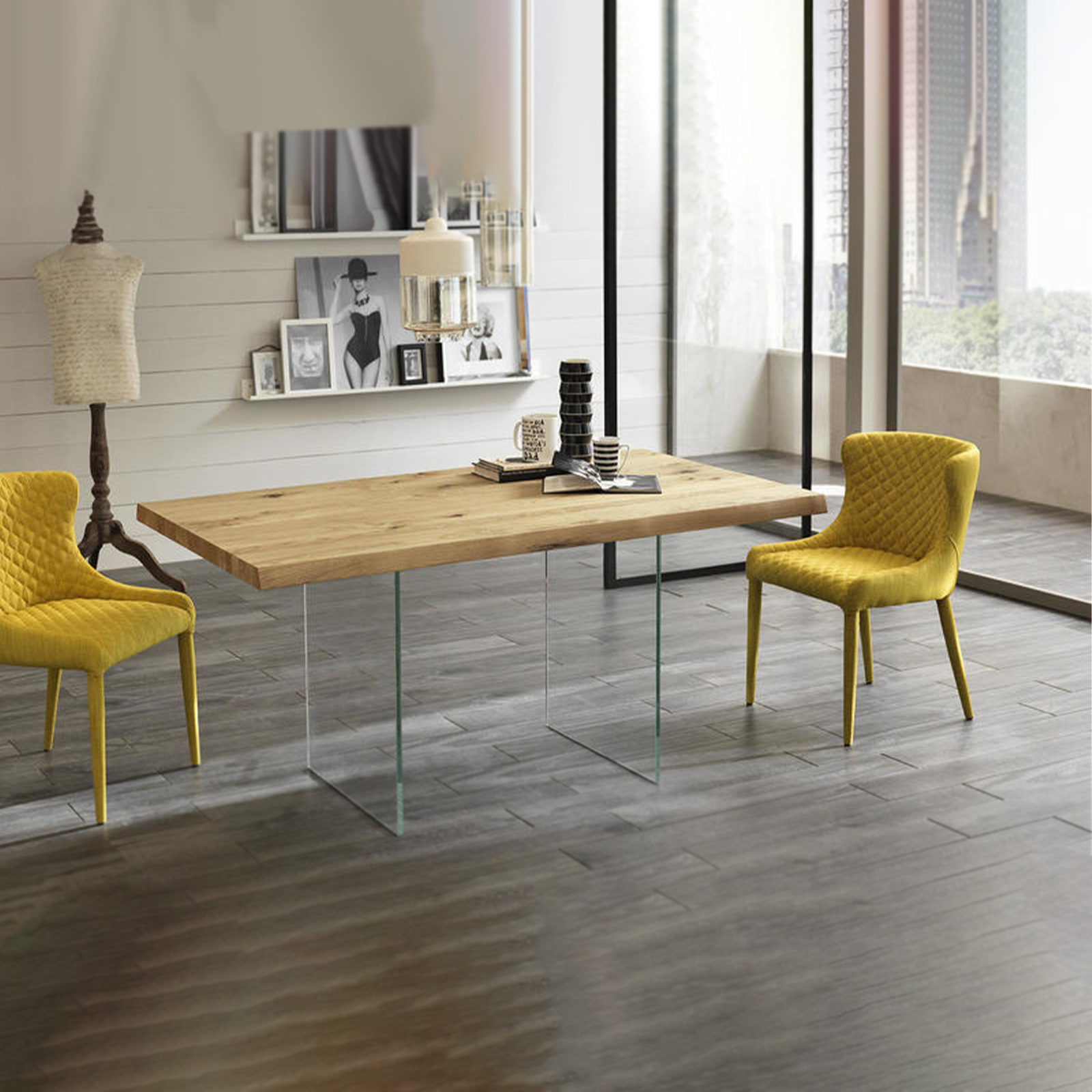 Tavolo fisso "Fabien" piano in legno gambe in vetro cm 200x100 76h