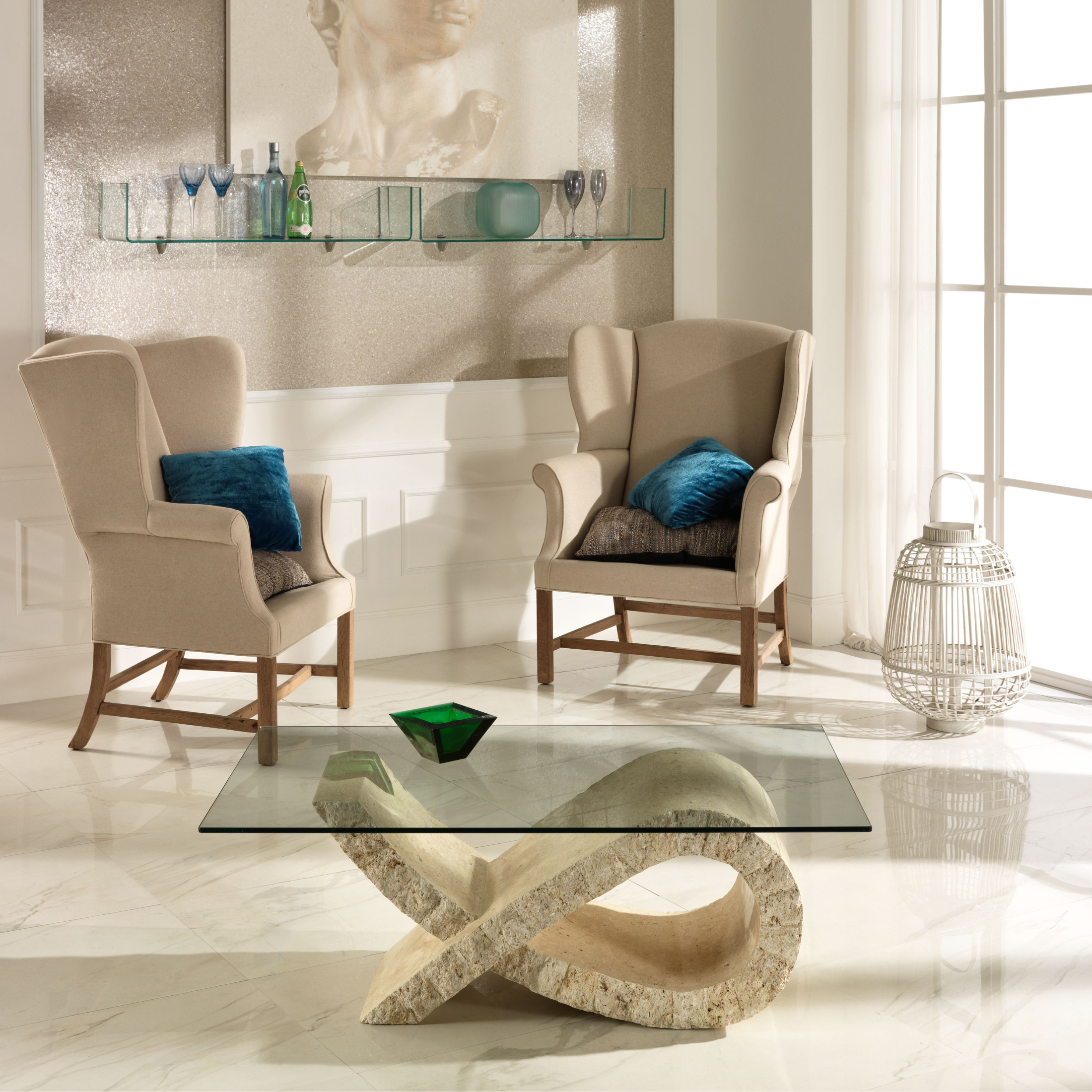 Mesita baja en piedra fósil "Fiocco" tapa de cristal templado 120x70 cm 37h