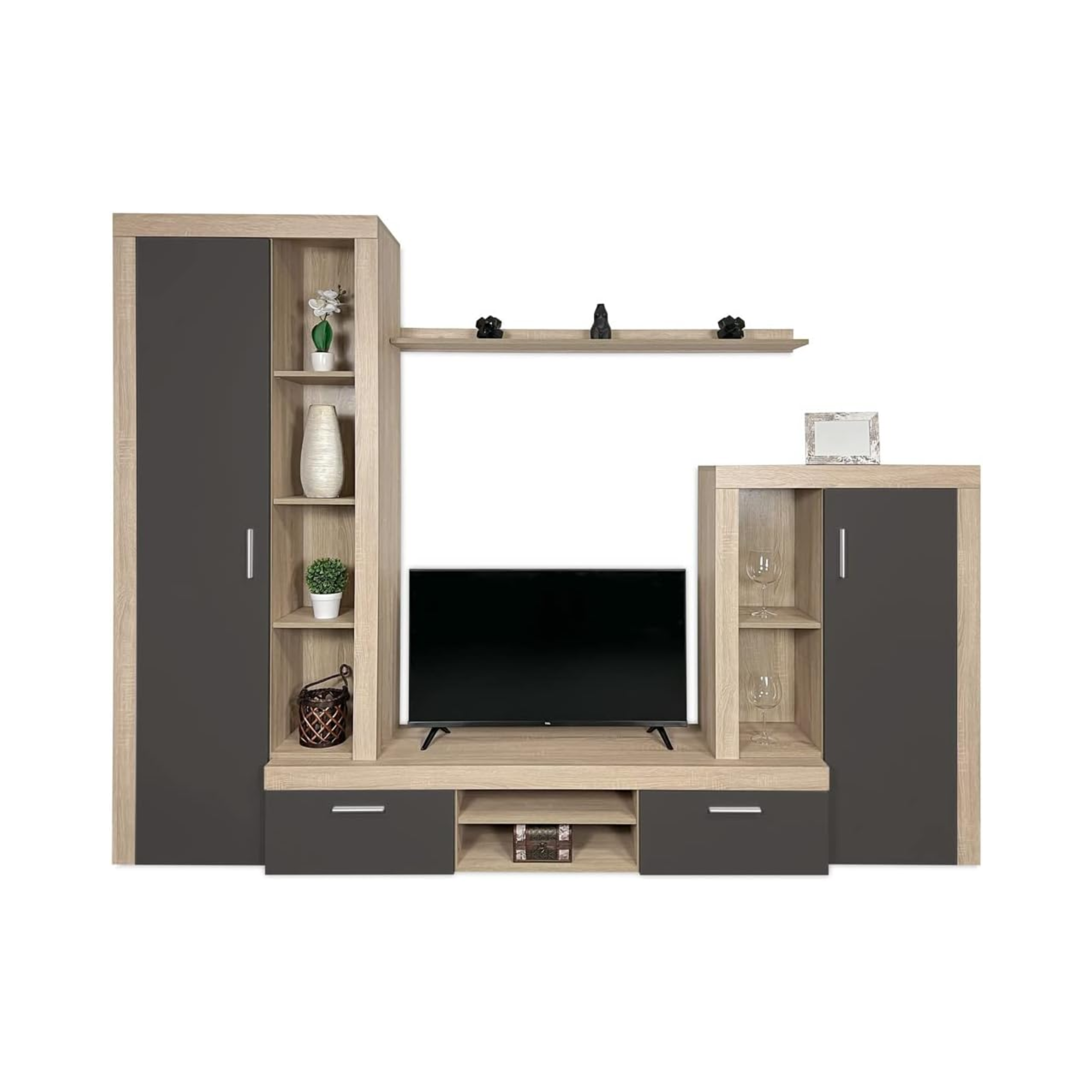 Kit parete attrezzata da soggiorno "Nobel" in legno naturale e antracite cm 263x40 200h