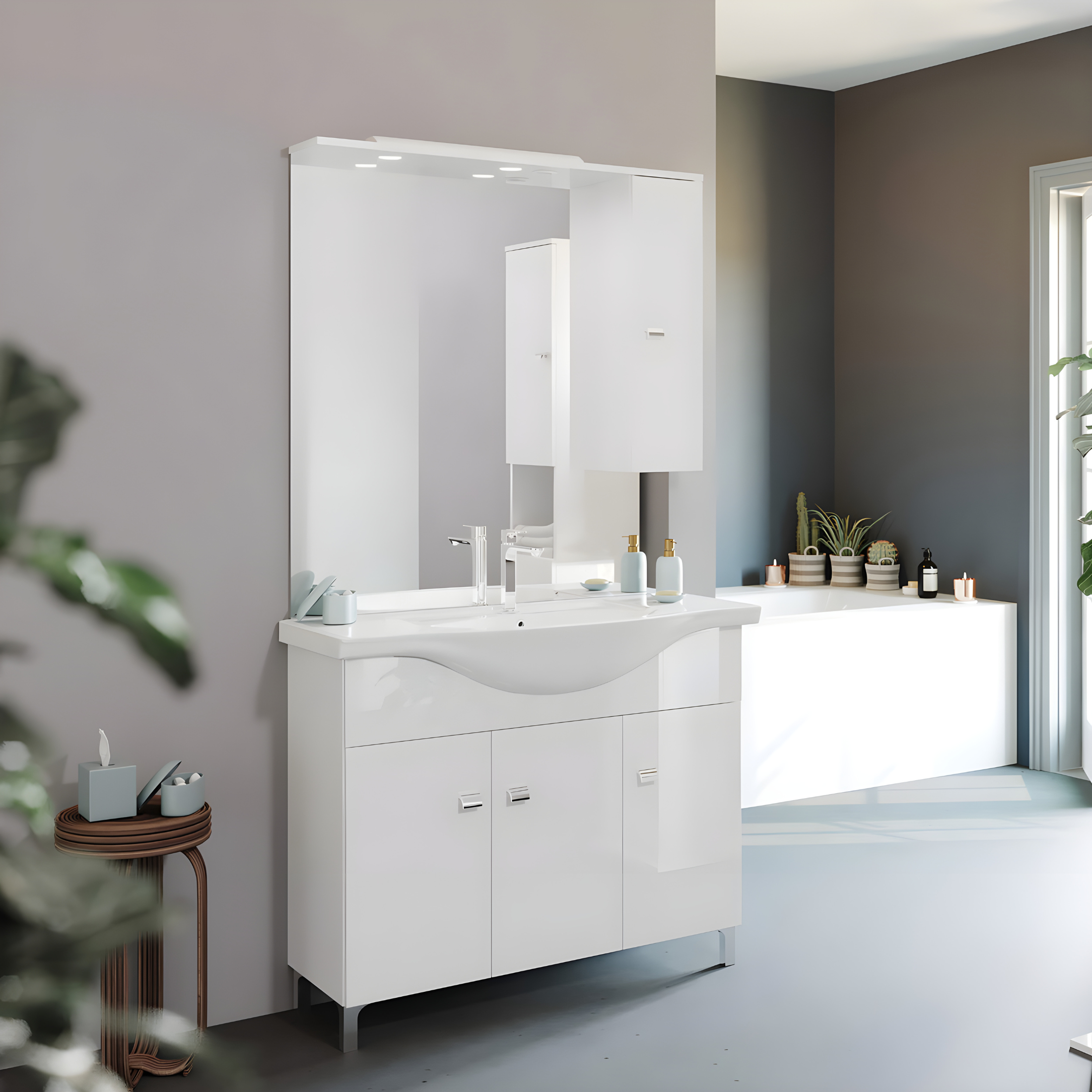 Mobili bagno "Kiro" in nobilitato con finitura bianco lucido , lavabo in ceramica da incasso e specchio