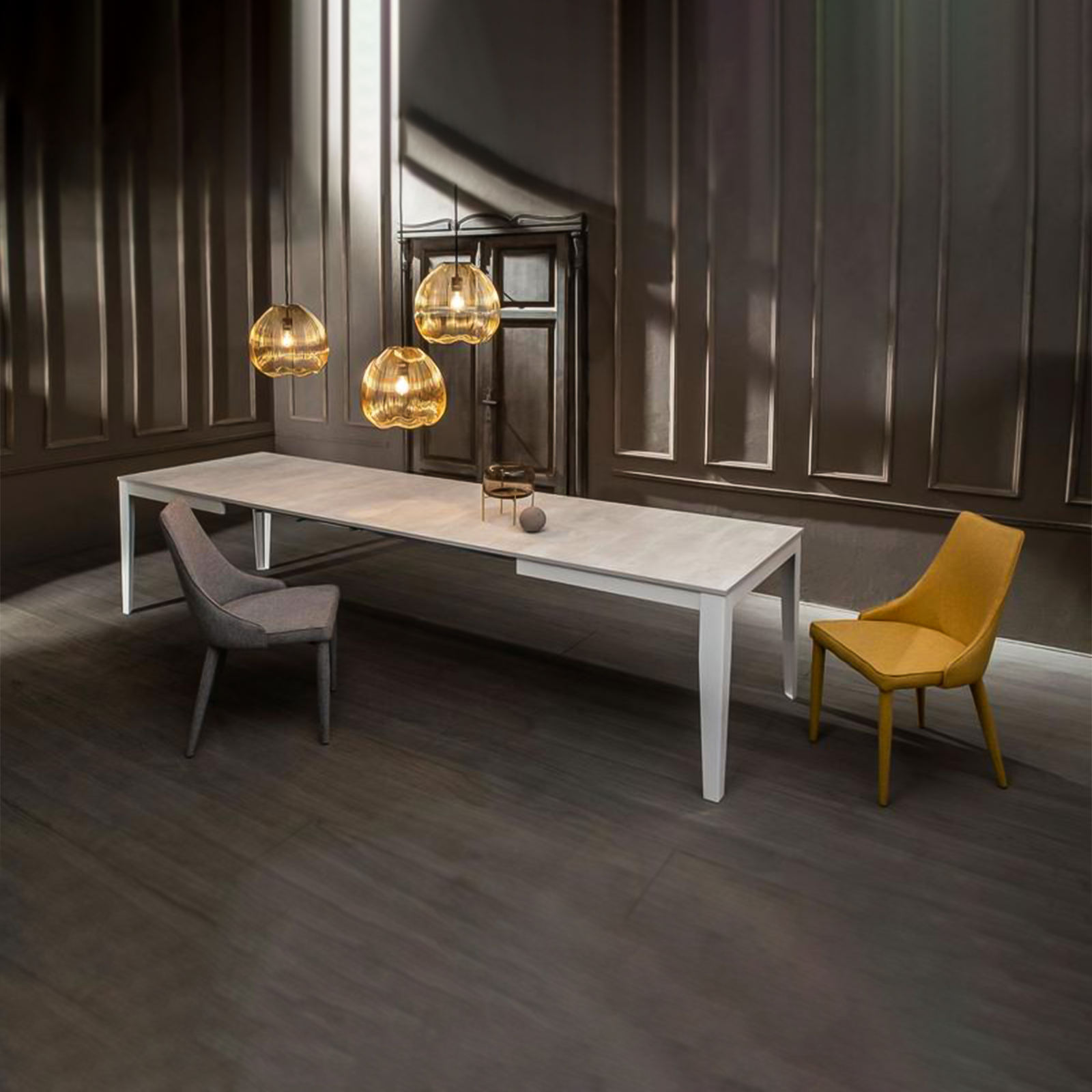 Table extensible "Big", plateau mélaminé, pieds métal, 14 places, 316x90 cm, 76h