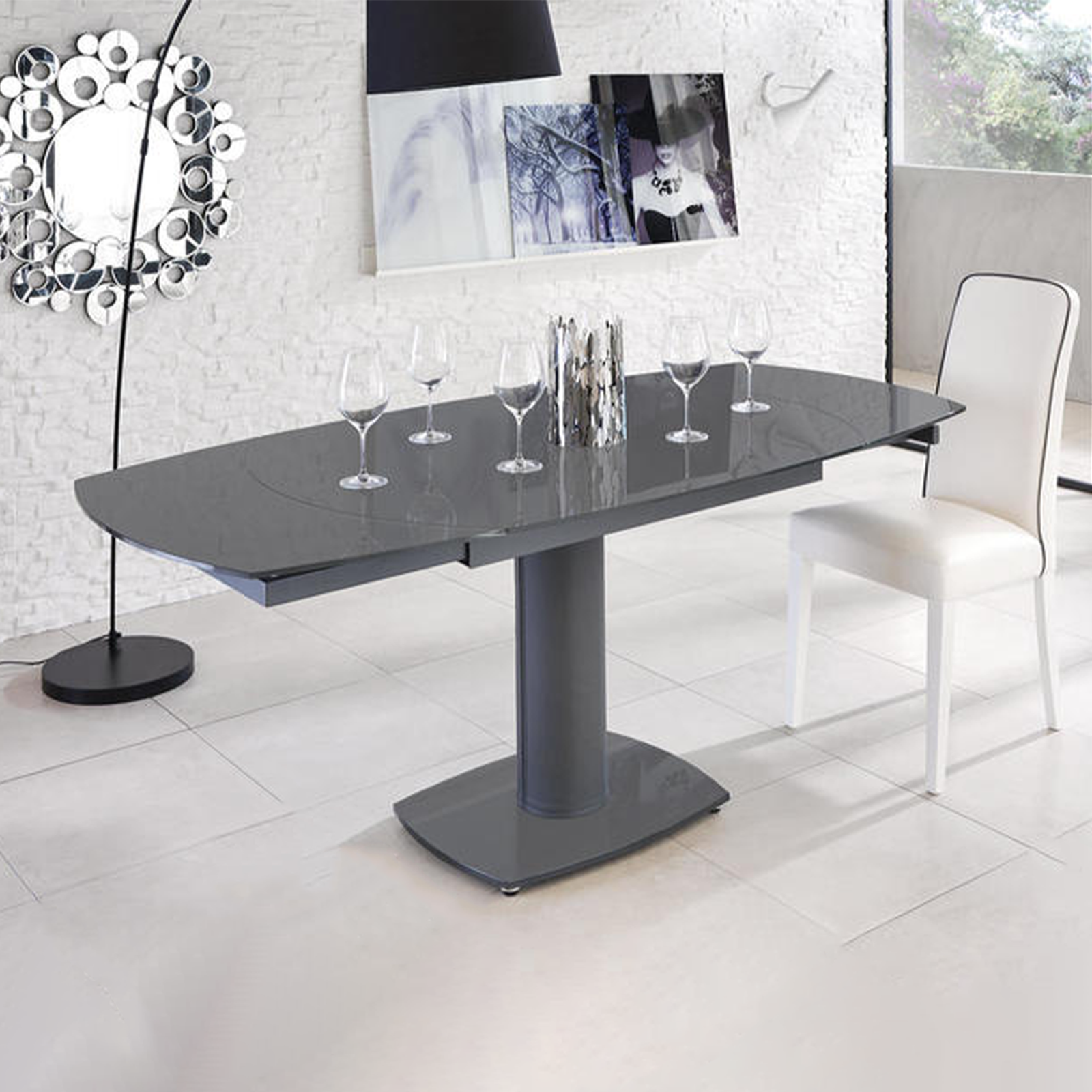 Mesa extensible "Kyoto" de cristal texturizado con patas de metal 120/180x90 cm 76h