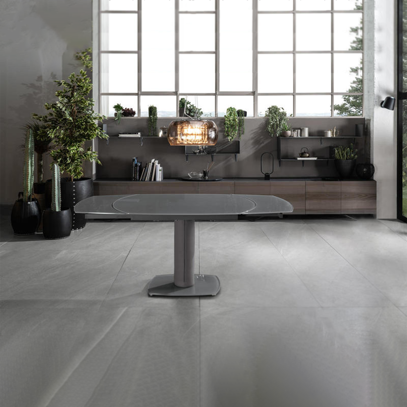 Mesa extensible "Kyoto" de cristal texturizado con patas de metal 120/180x90 cm 76h