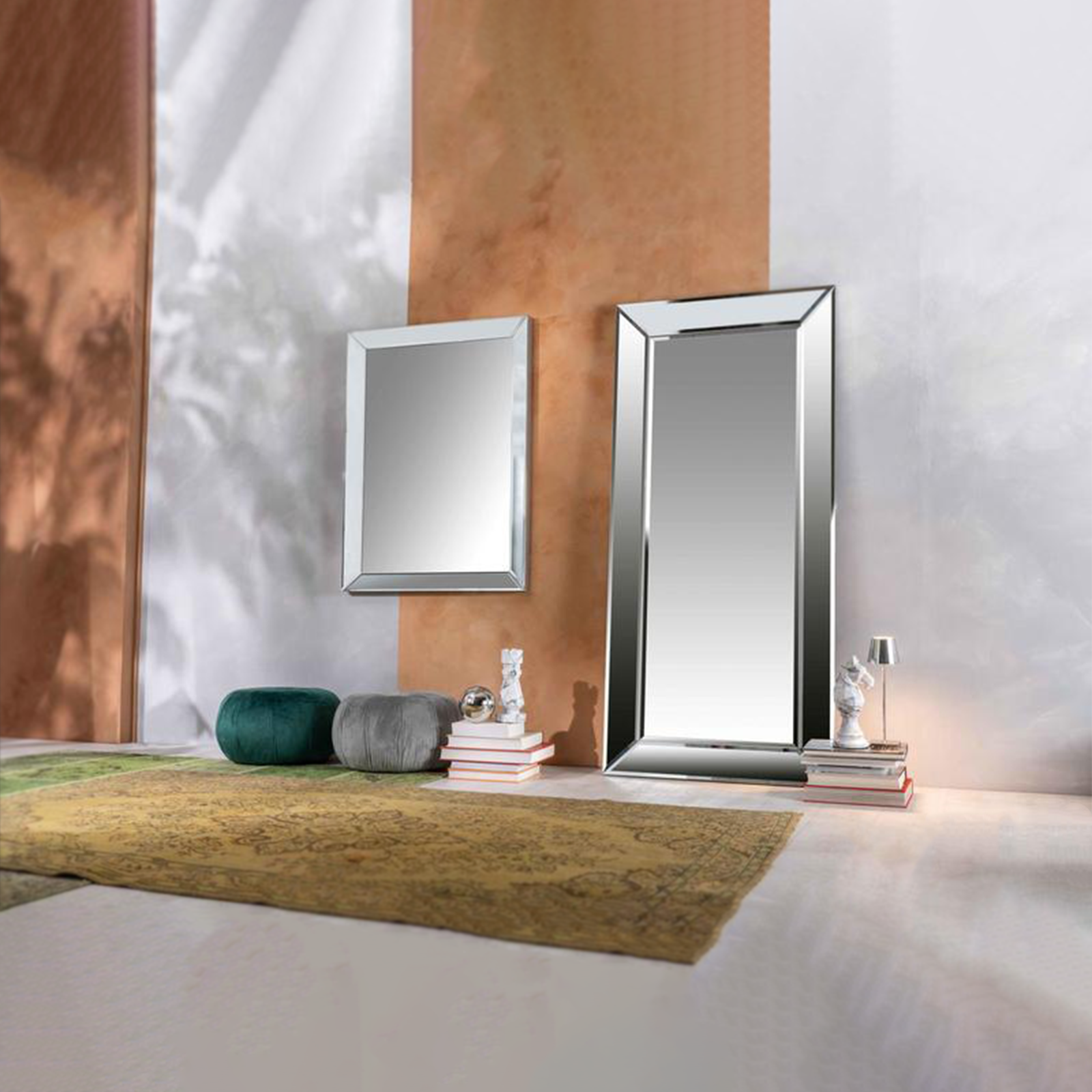 Specchio da parete Stones "Teseo" cornice in legno argento rettangolare cm 90x5 120h