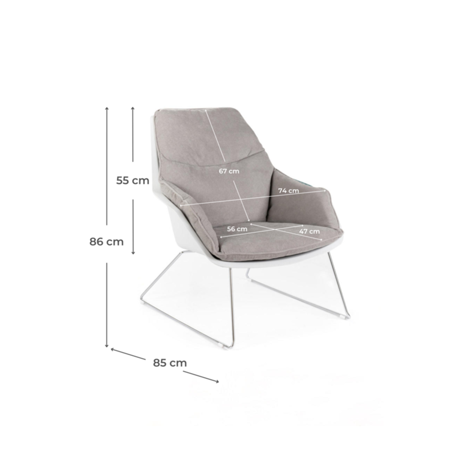 Fauteuil moderne rembourré "Grace" en tissu avec pieds en métal 74x85 86h cm
