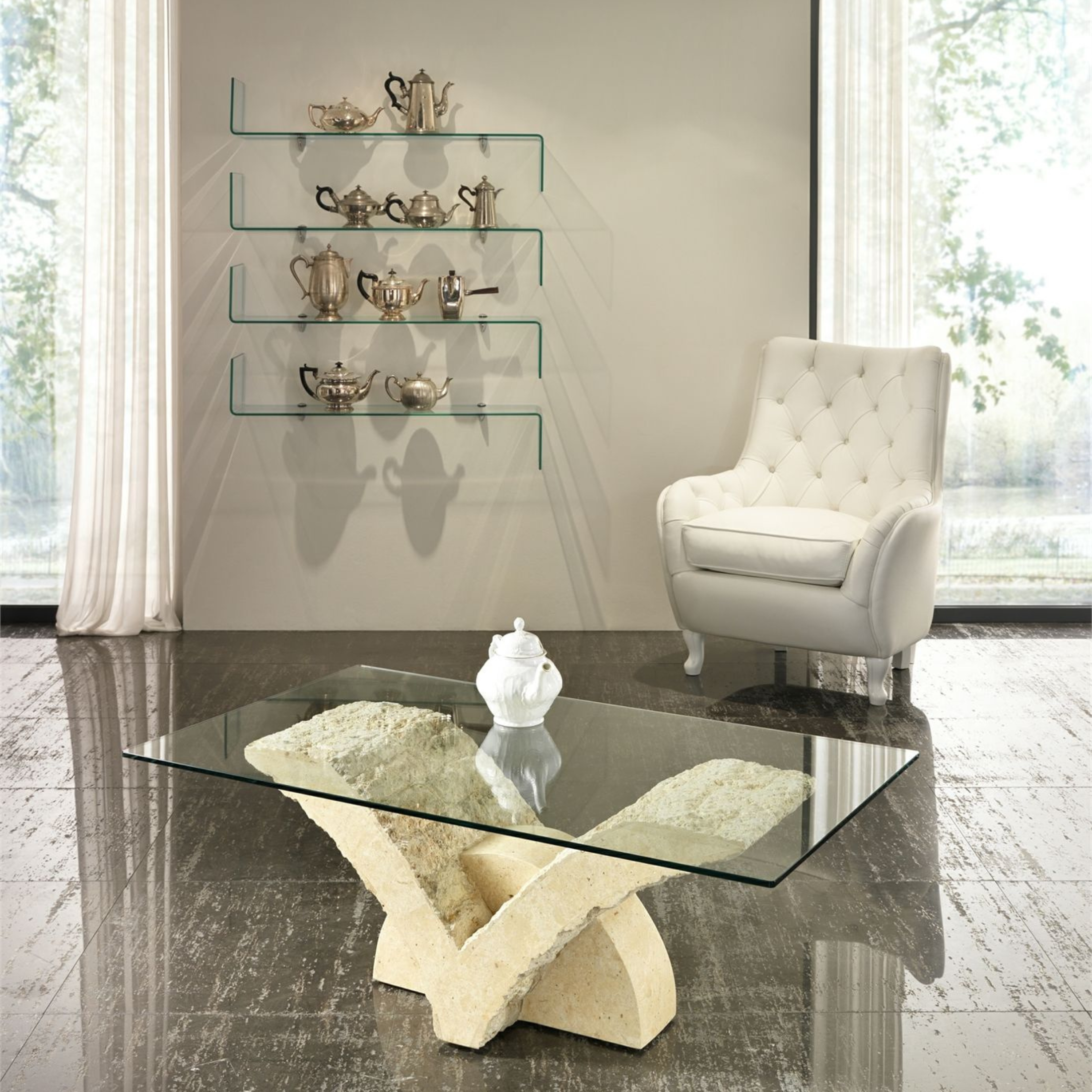 Table basse en pierre fossile "Papillon" 120x70 cm 40h