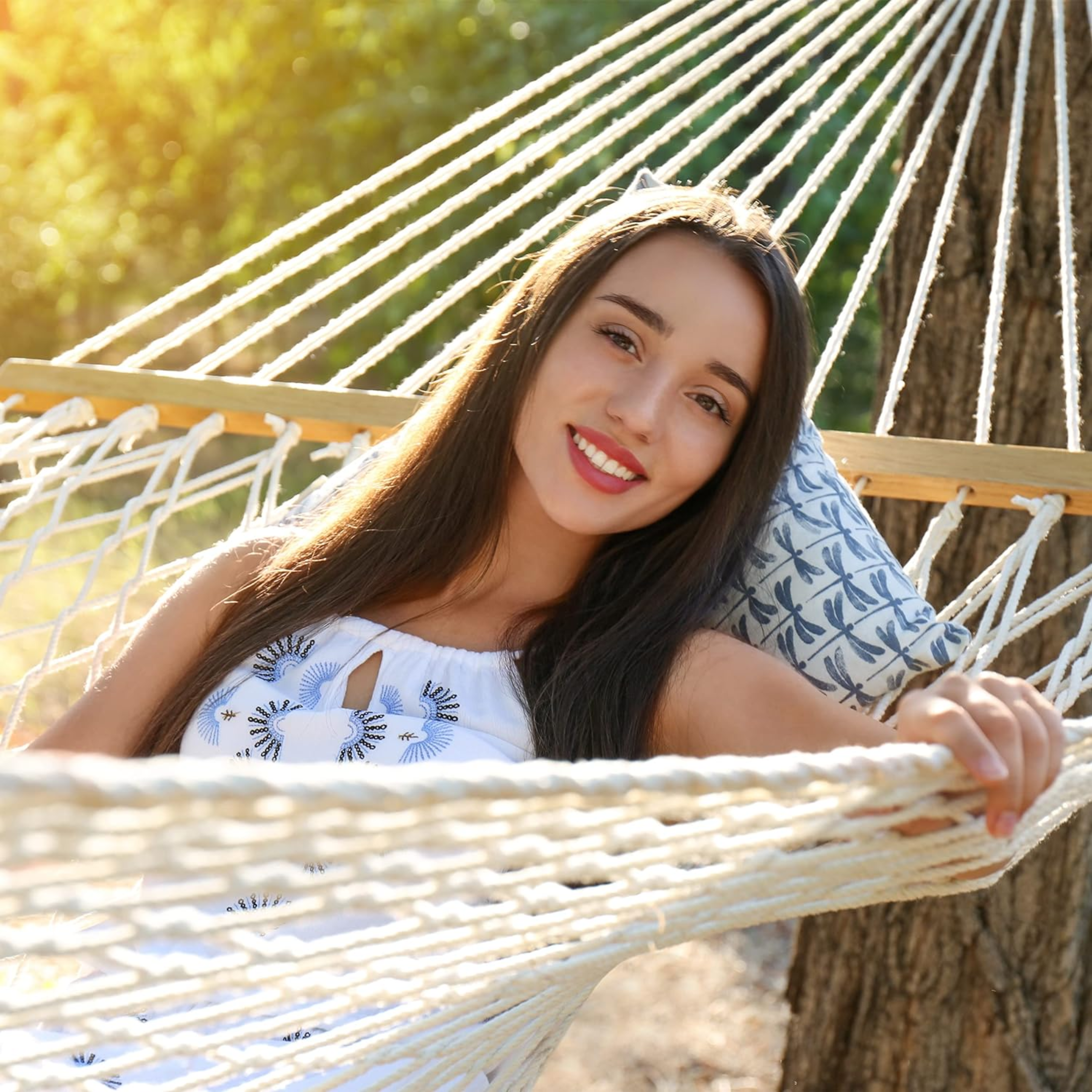 Amaca da giardino in tela intrecciata "Kila" con supporto in legno l 200 cm