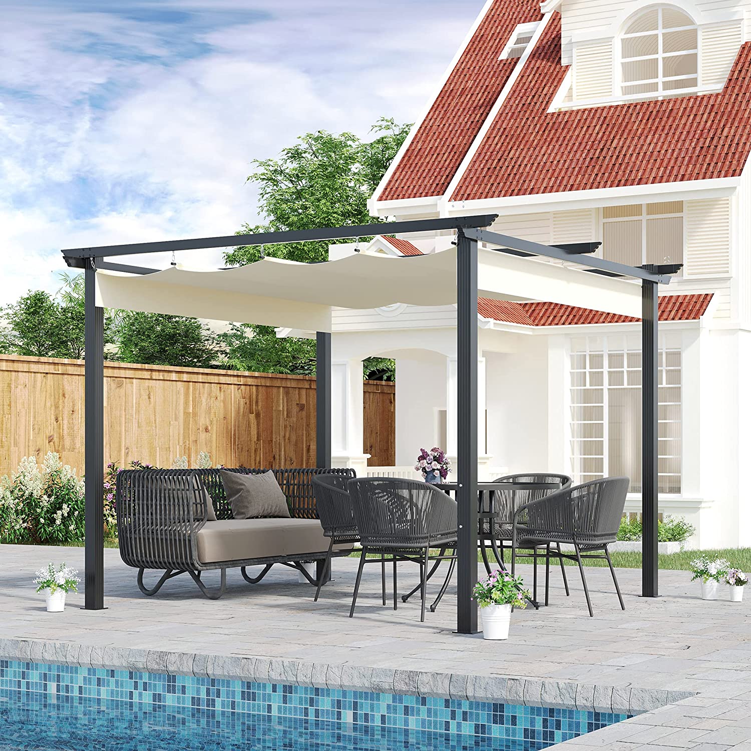 Gazebo in acciaio con telo scorrevole di copertura écru cm 300x300 220h