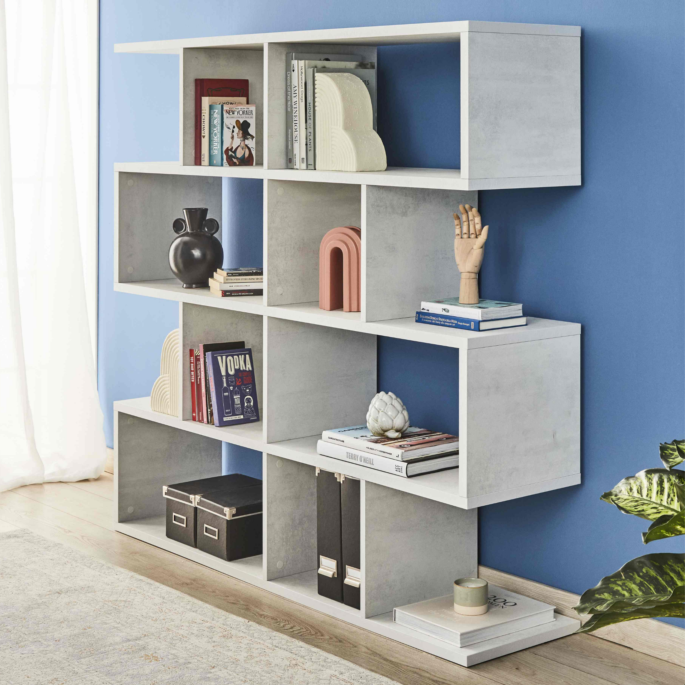 Librería modular divisoria "Riflessioni" de madera, 4 estantes, moderna 150x38 cm 144h