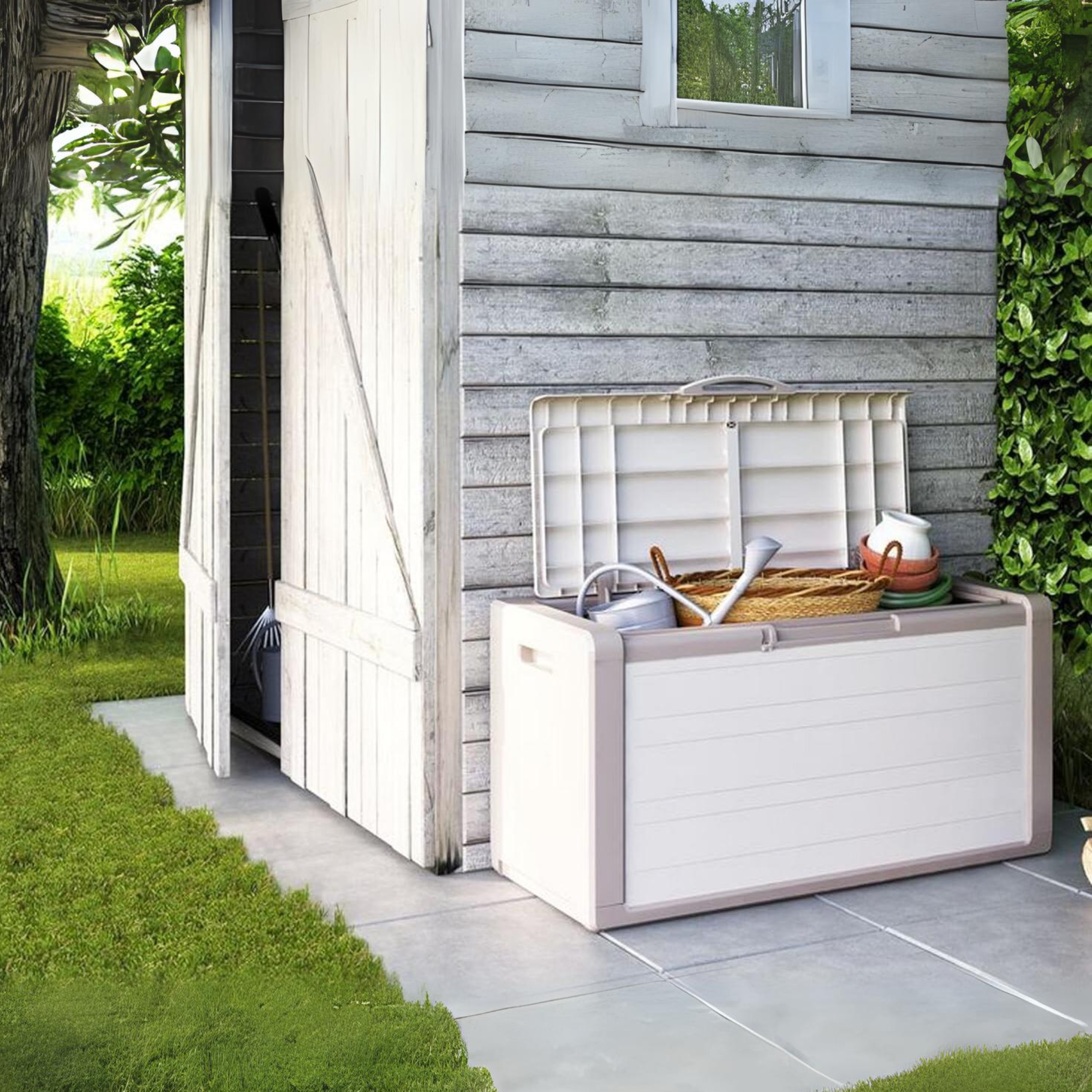 Coffre en résine blanche et beige, banc coffre avec bidon de 300 litres