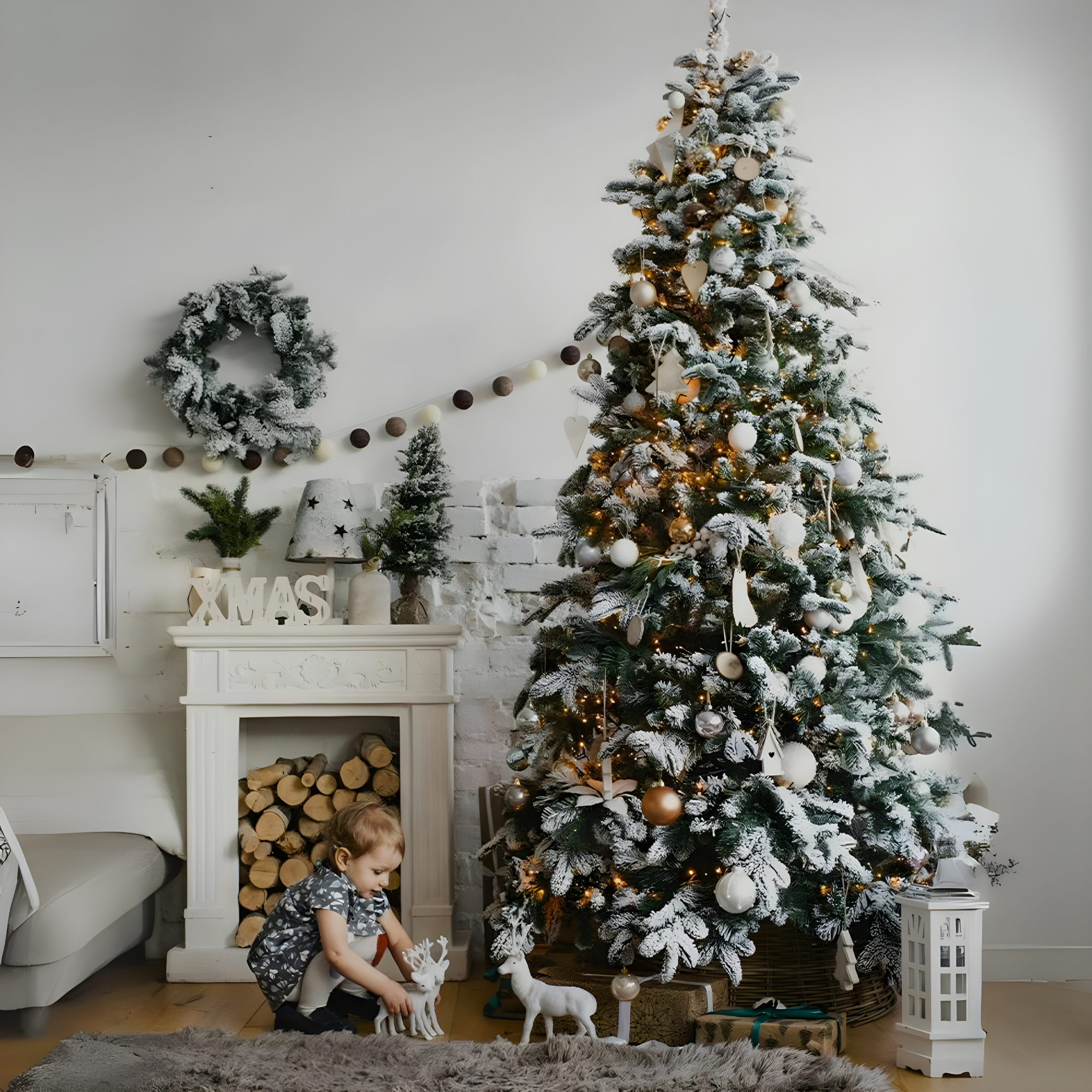 Albero di Natale innevato "Astro" moderno con big led in PE + PVC + Flock