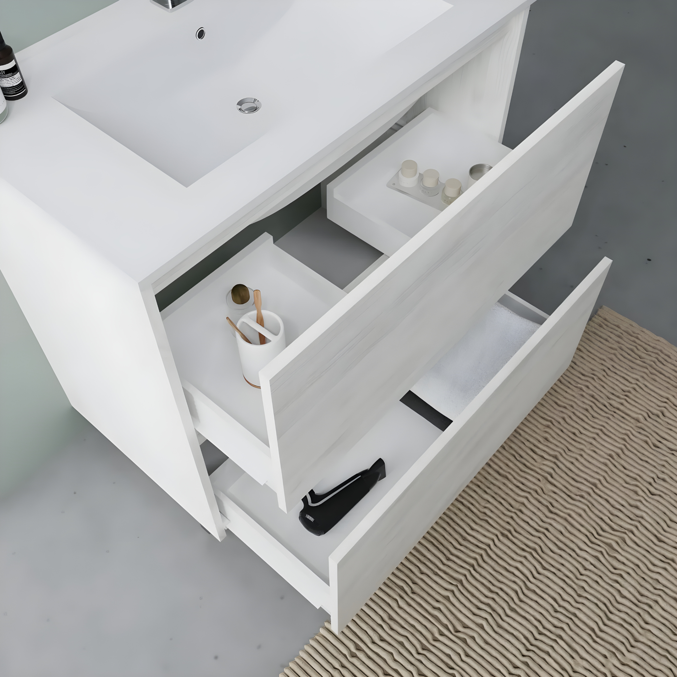 Mobile da bagno moderno "Elo" in legno con lavabo integrato e specchio LED