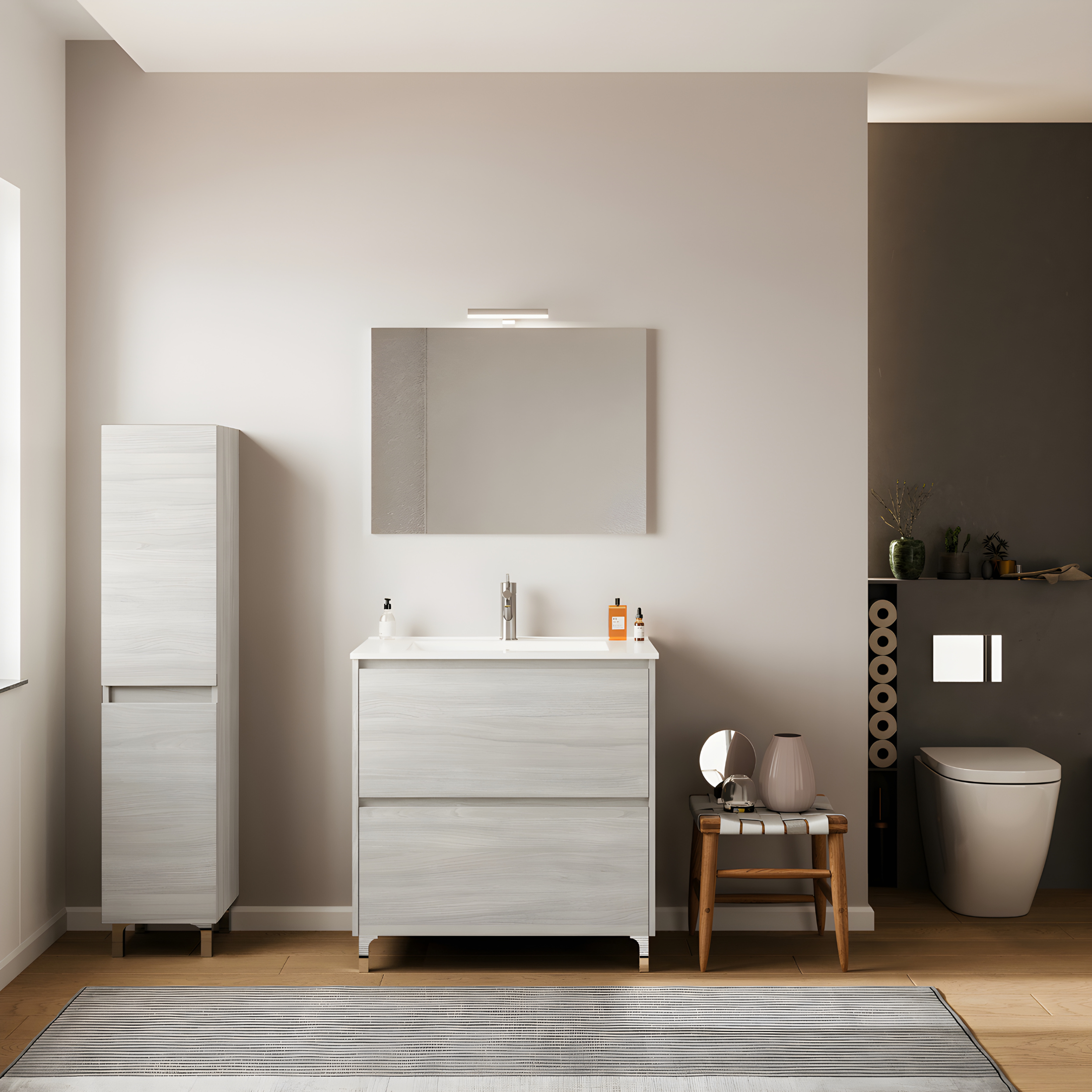 Mobile da bagno moderno "Elo" in legno con lavabo integrato e specchio LED