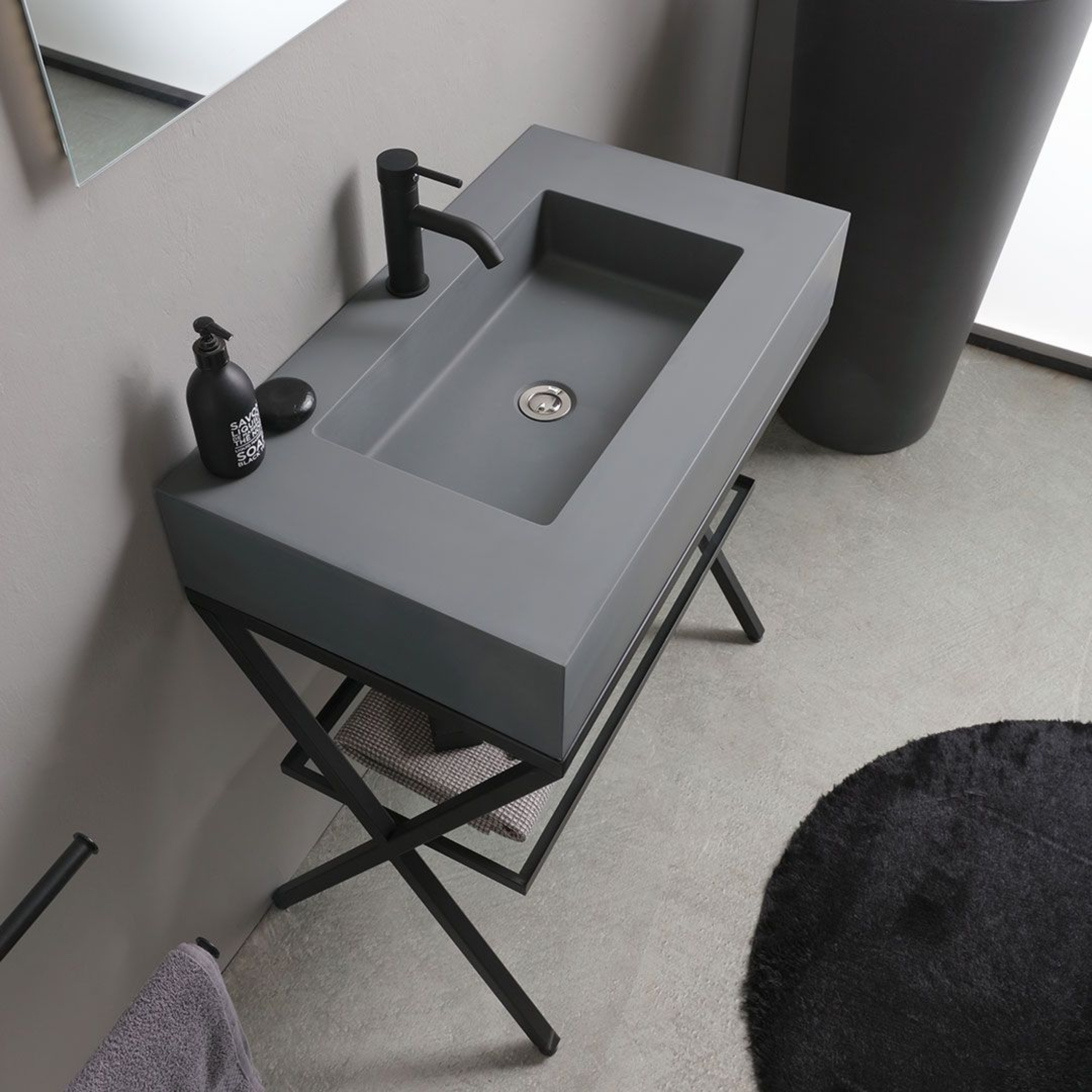 Mobile bagno a terra resina grigio "Figi" 80 cm con lavabo grigio e specchio rettangolare LED retroilluminato