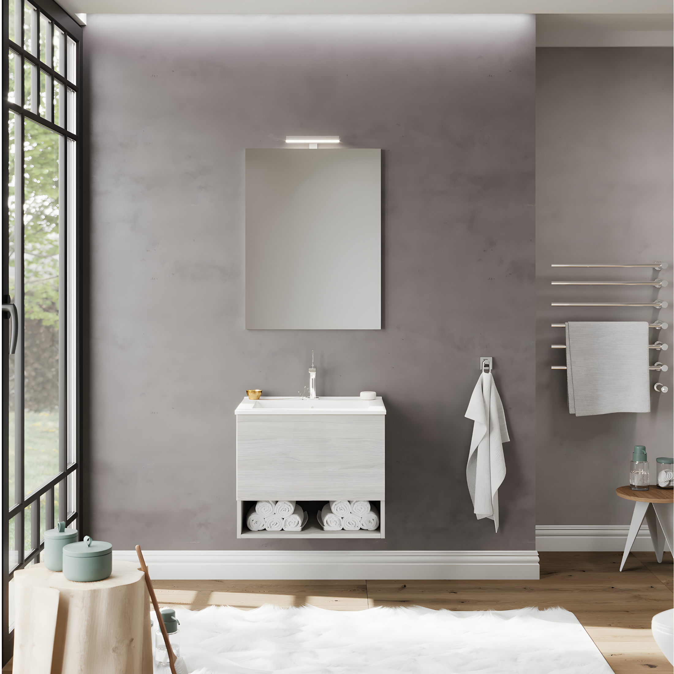 Mobile da bagno sospeso "Lunaris4" con vano contenitore lavabo integrato e specchio LED