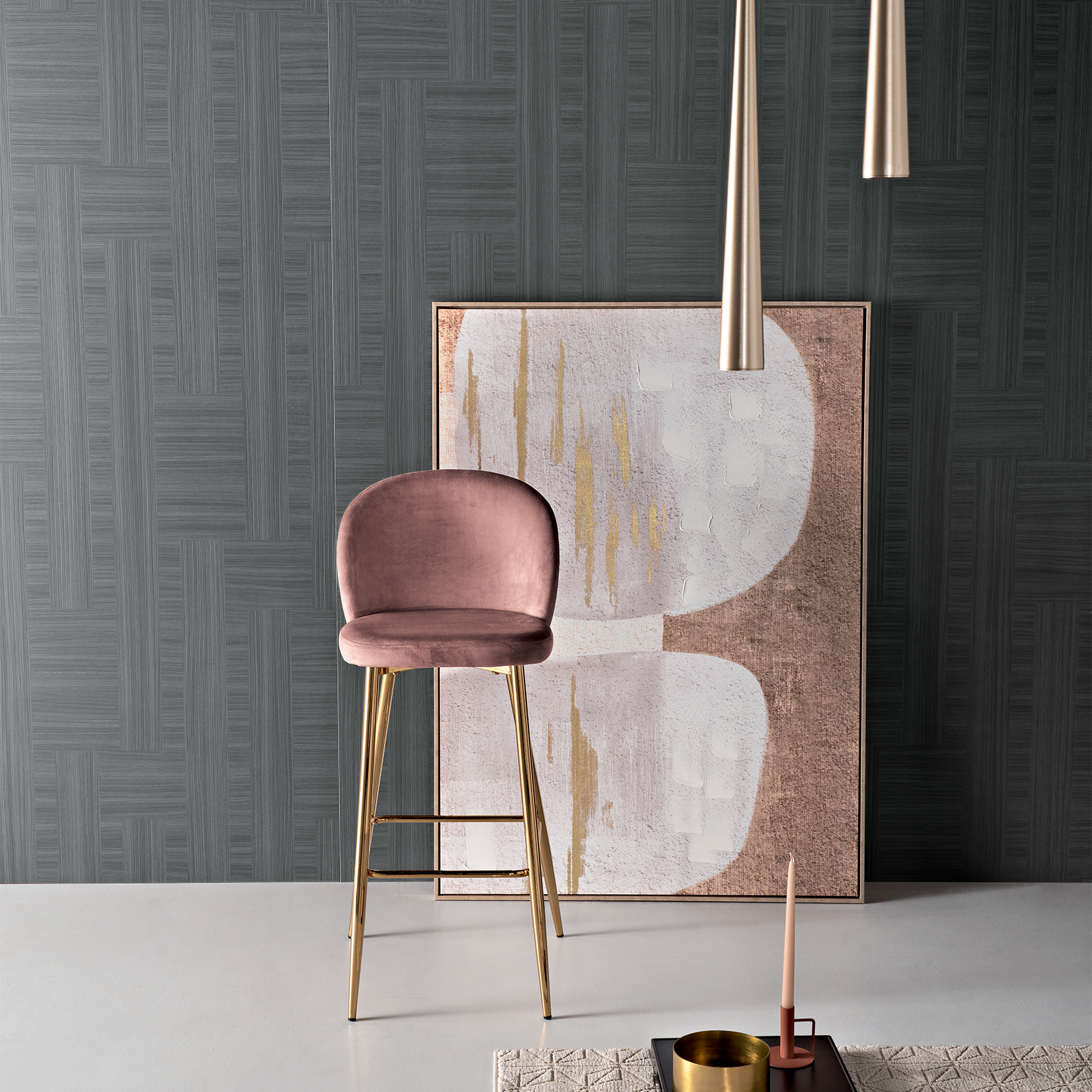 Ensemble tabouret "Megan" en velours avec structure en métal doré 48x53 cm 93h