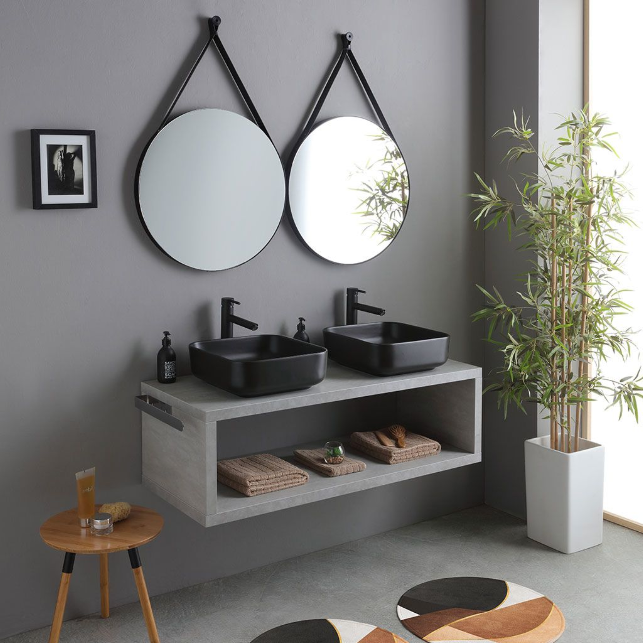 Mobile bagno sospeso grigio "Naxos" 120 cm con doppio lavabo quadrato nero opaco e specchi rotondi