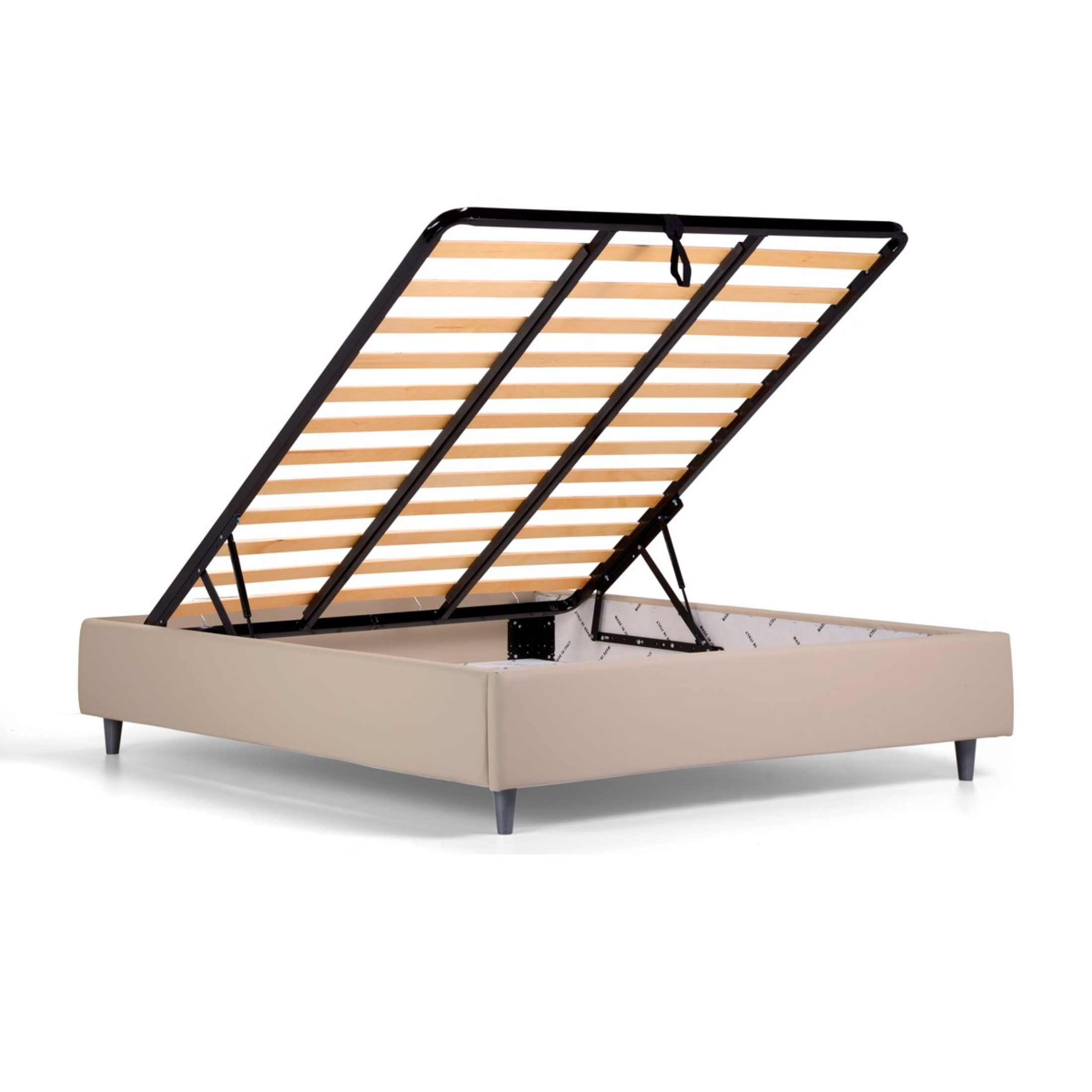 Letto contenitore con rete "New York" in pelle vegan con piedino conico