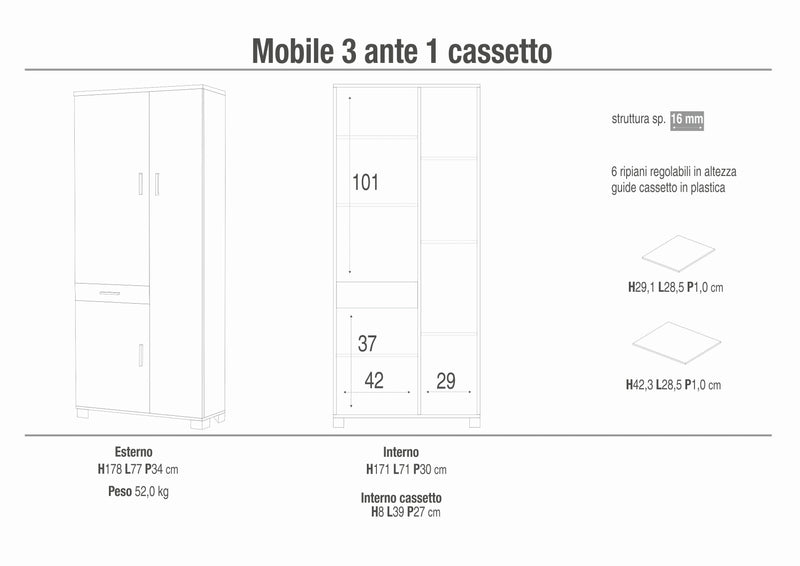 Mobile in legno 3 ante 1 cassetto "Raffy" elegante cm 77x34 178h