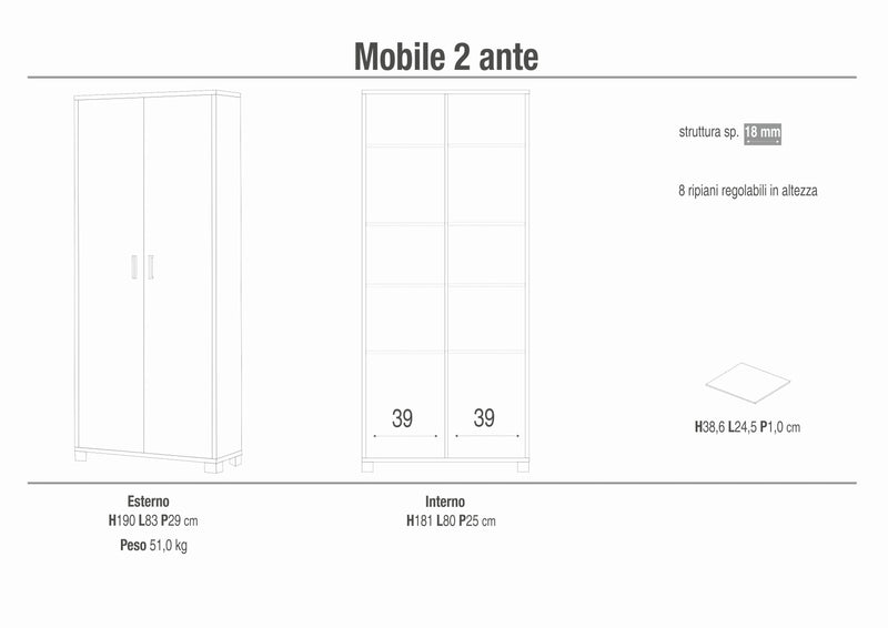 Mobile 2 ante in legno con piedini "Venere1" armadio moderno cm 83x29 190h
