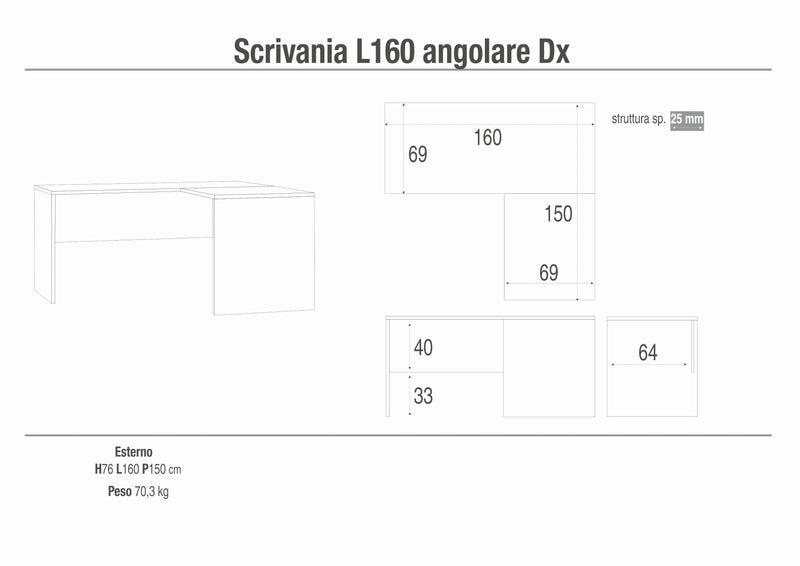 Scrivania angolare in legno "Ambra" moderna per studio cm 160x150 76h