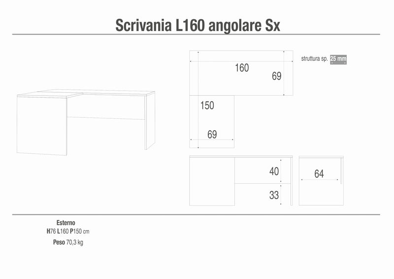 Scrivania in legno angolare "Alessia" per studio o cameretta cm 160x150 76h