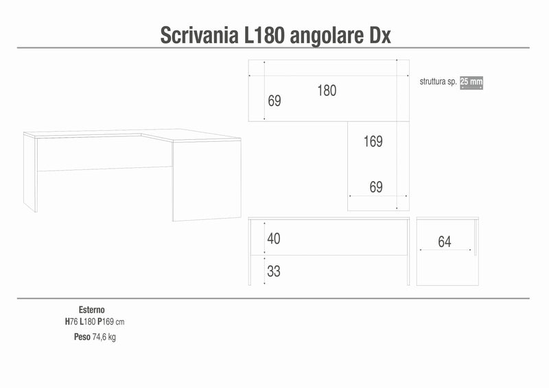 Scrivania angolare spaziosa "Sofia" moderna in legno cm 180x169 76h