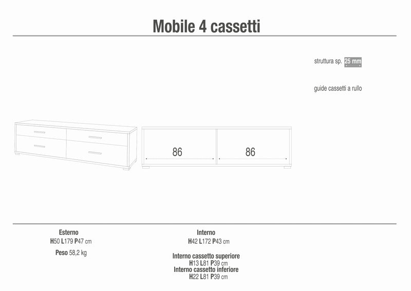 Mobile 4 cassetti in legno "Pedro" moderno da ingresso cm 179x47 50h